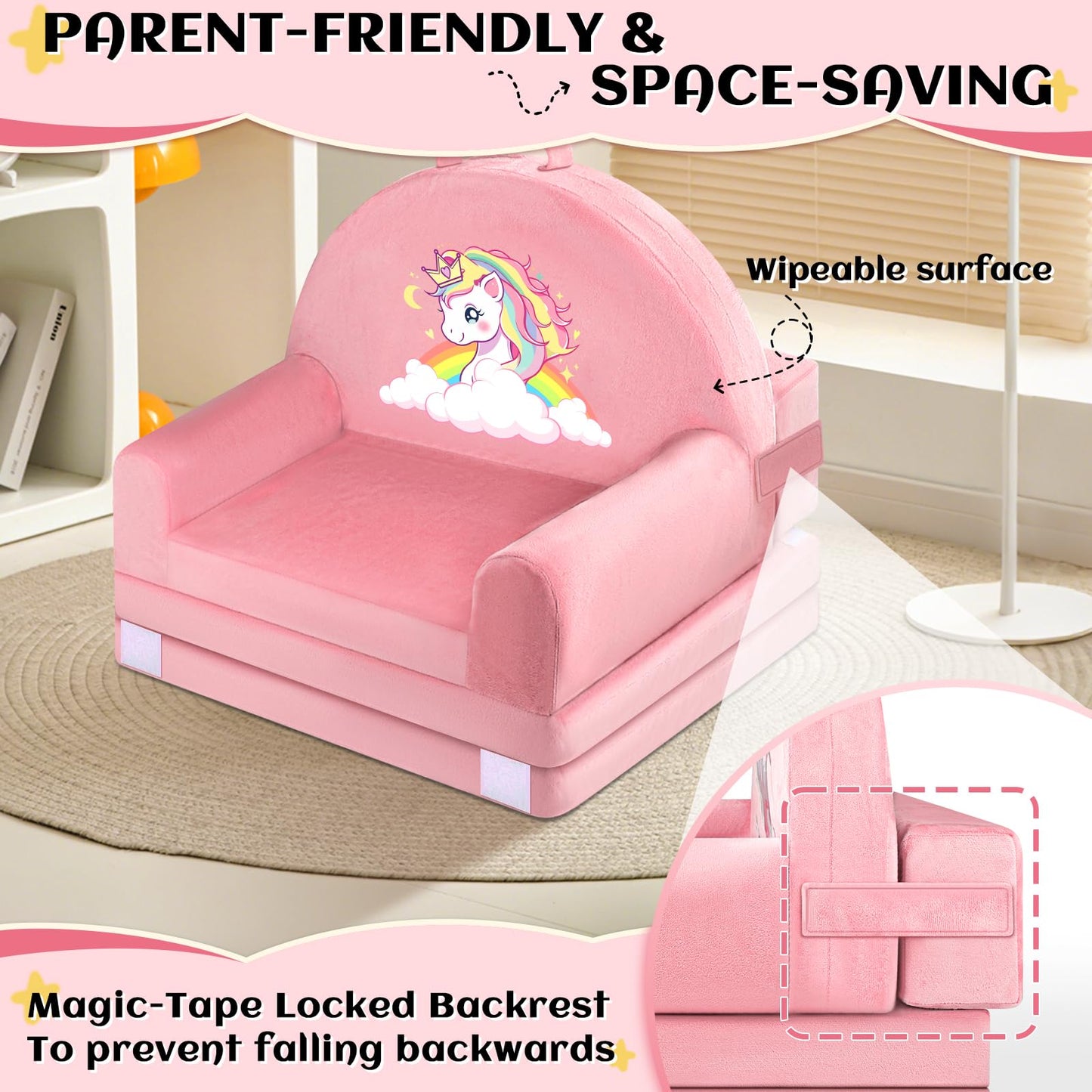 ORWIPO Unicorn Kids Sofa Bed with Removable Washable Cover & Hook and Loop Backrest – Foldable Toddler Chair, Cozy Crystal Velvet Furniture for Playtime, Naps & Travel (Pink, Unicorn Design)