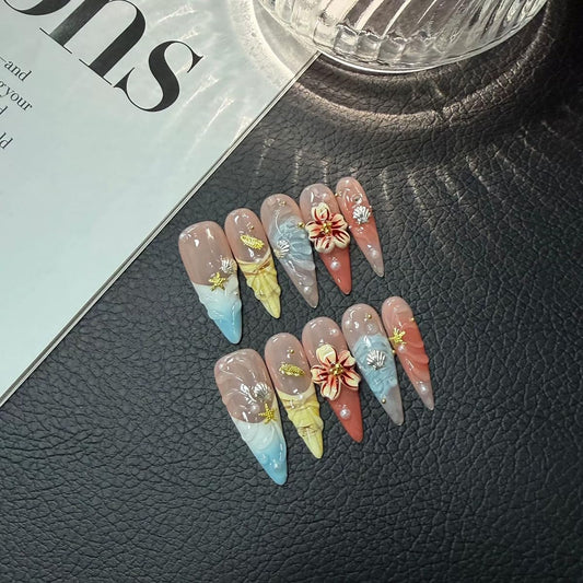 10pcs Handmade Press on Nails Long Stiletto False Nails Blue Fake Nails with 3D Flower Designs Sparkly beach Charm luxury Summer Artificial Nails for Women (Size M）