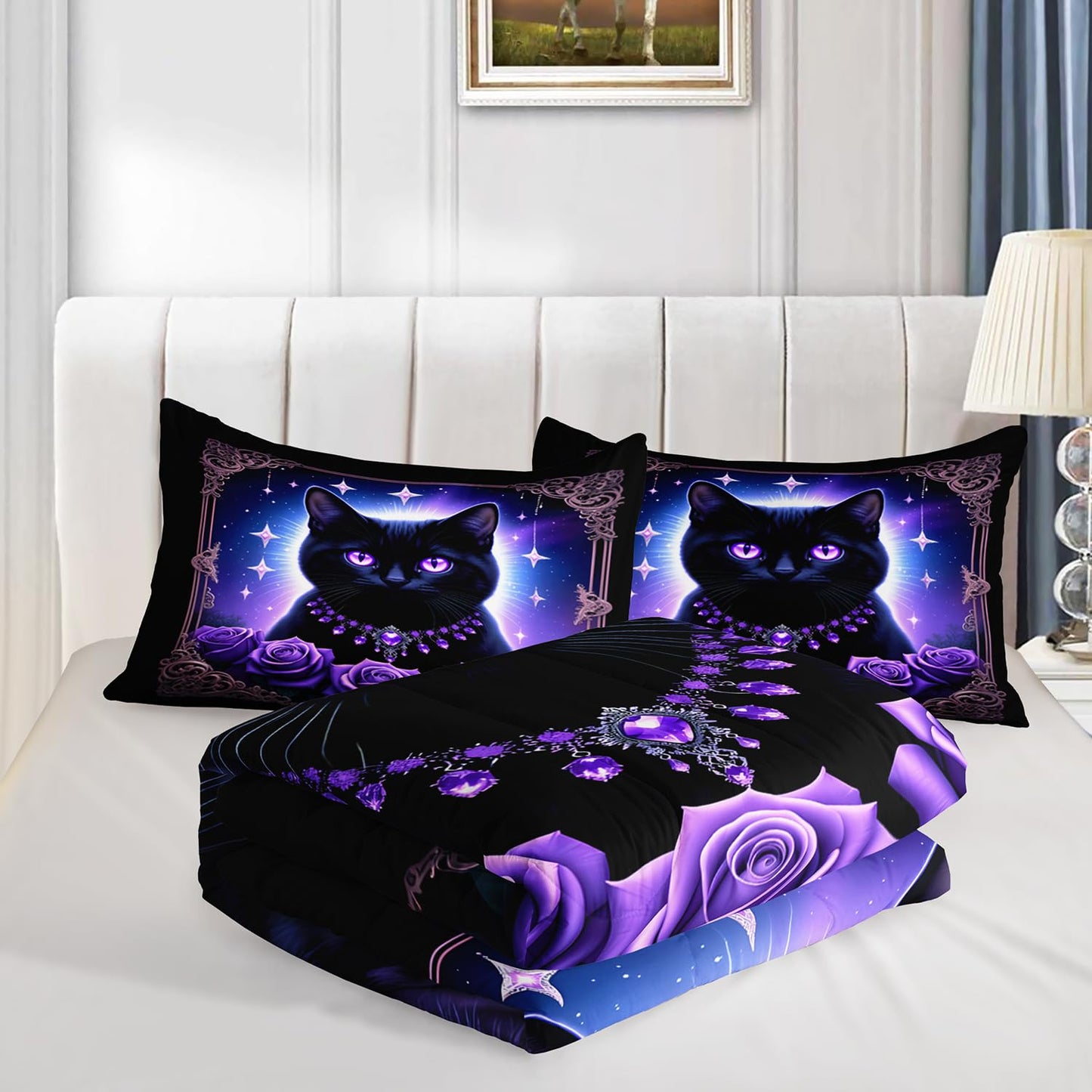 HOSIMA Cat Queen Comforter for Kids Boys Girls Room Decor,Black Cat Wearing Diamond Necklace Surrounded by Roses,Animal Themed Glowing Stars Background Pattern Cute Bedding with 2 Pillowcases.