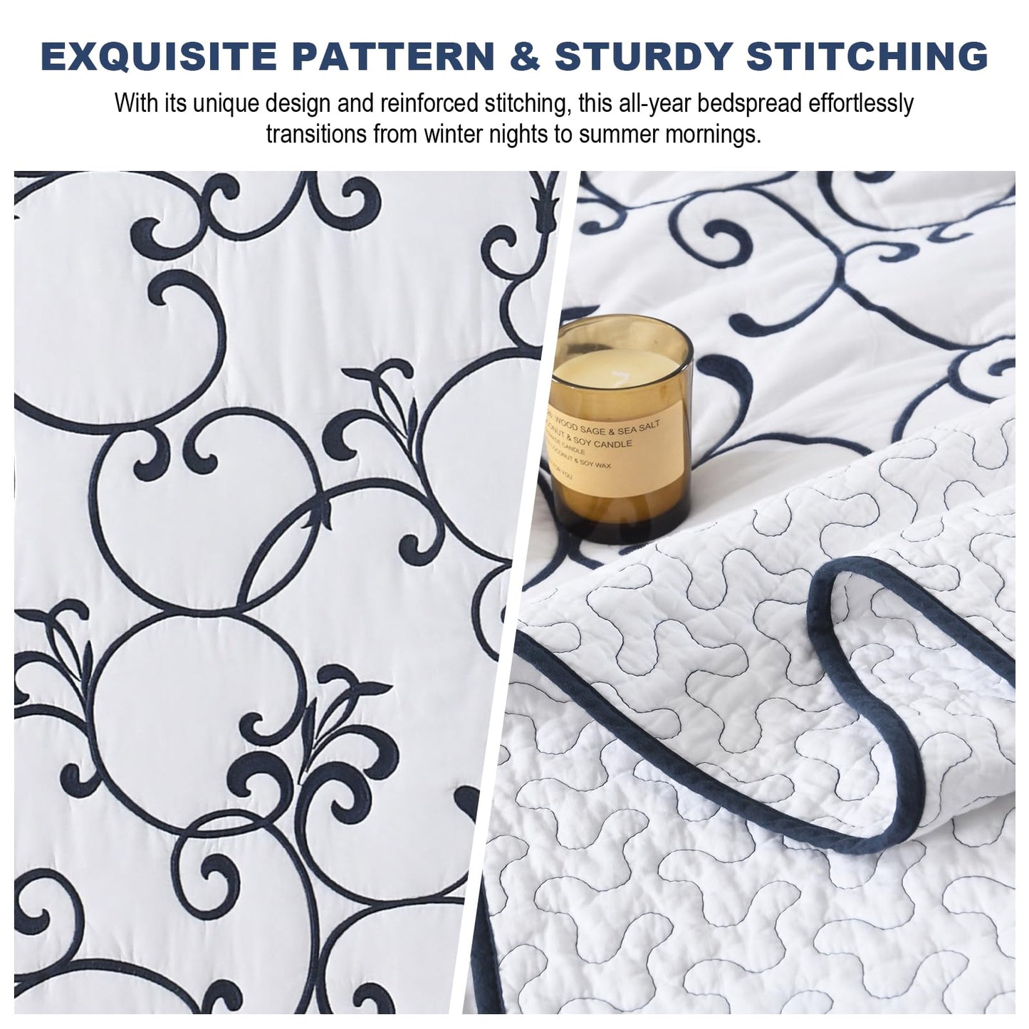FineStichery Oversized King Bedspread 128"x120" - 100% Cotton California King Quilt, Embroidered Bedspread Coverlet with Pillow Shams, Lightweight Quilted Bedding Set 3 Piece, Navy Blue/White