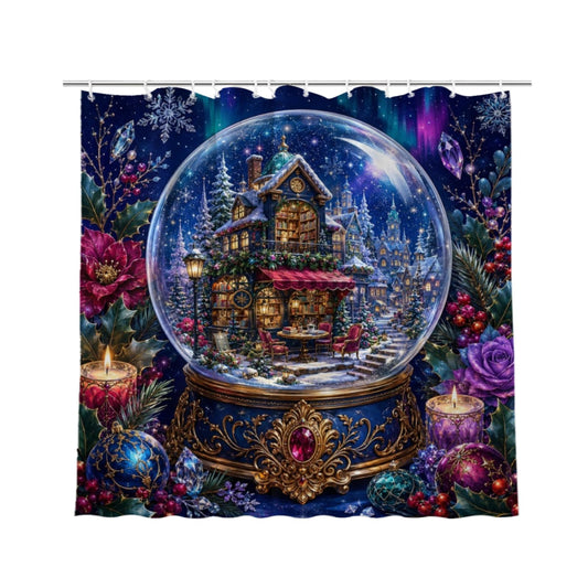 REZHOCH Winter Snow Globe Shower Curtain 72x72 Inch, Fantasy Bookstore Village Crystal Ball Floral Candle Night Scene Bathroom Decor, Vintage Magical Bath Set with Hooks
