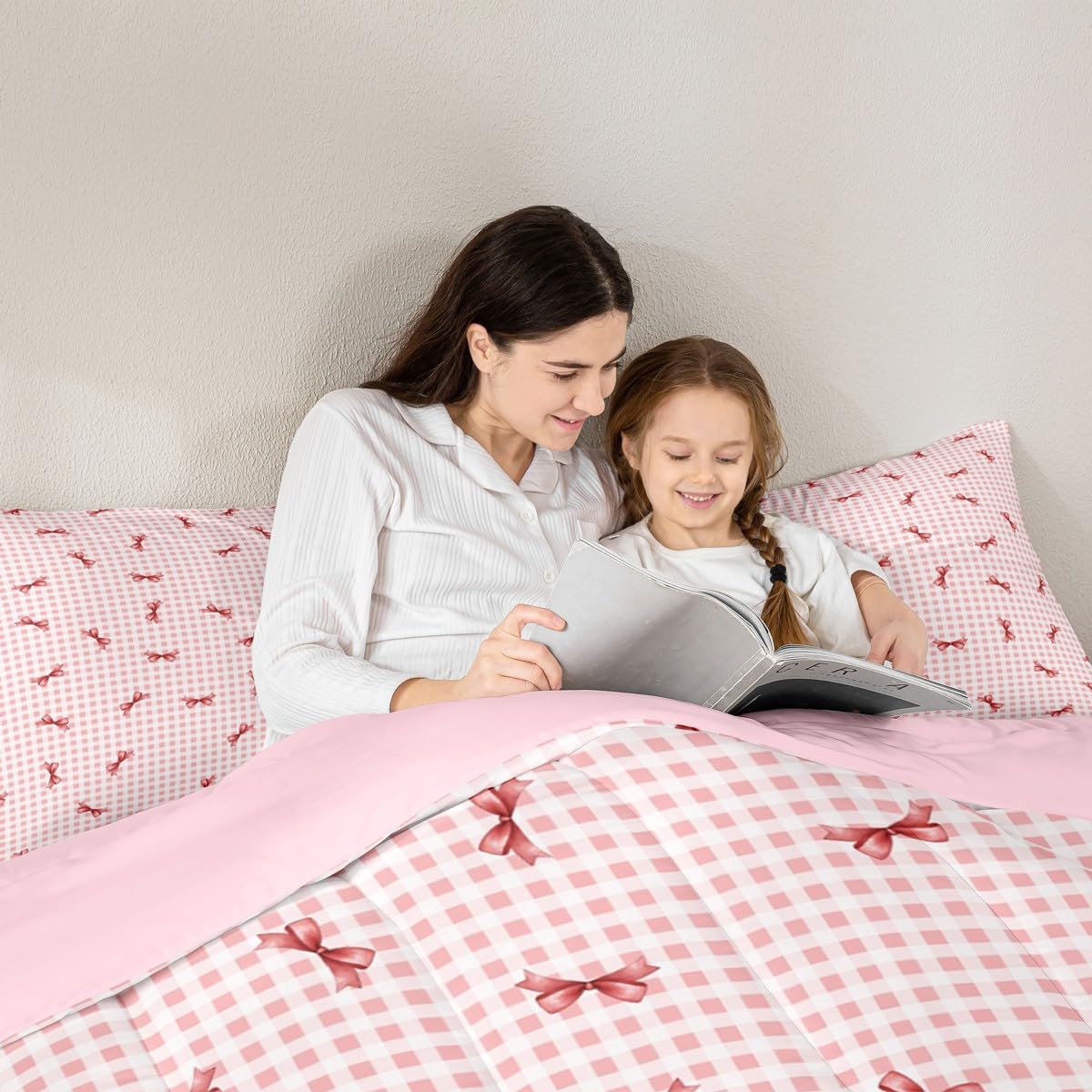 Erosebridal Girls Bow Comforter Set Pink Buffalo Plaid Full Size Bedding Sets | Cute Ribbon Bowknot Comforter Kawaii Grid Lattice Bow Tie Bed Set