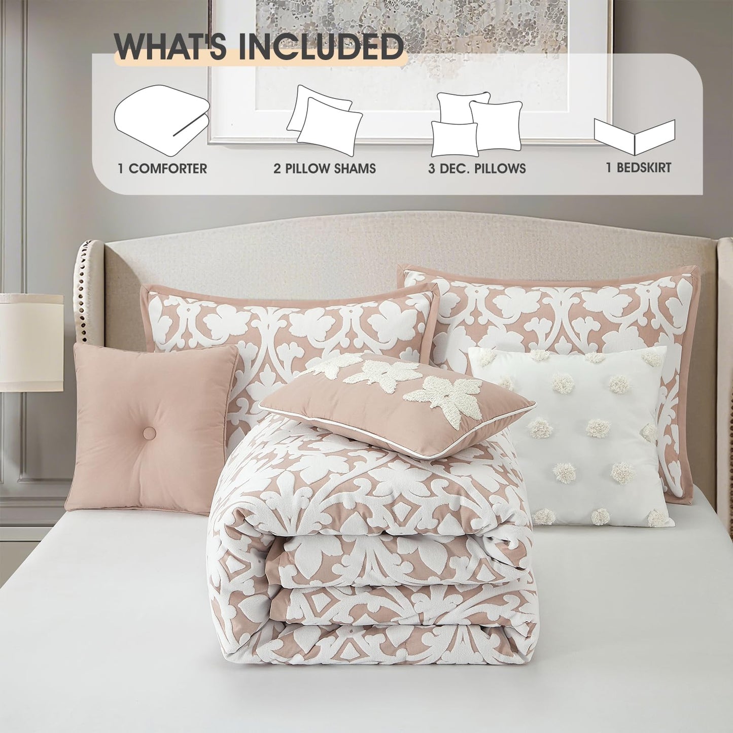 LANCO MODERN LIFESTYLE 7 Pieces Comforter Set, King, Blush, Jacquard Floral Pattern and Classy Damask Medallion Design, Ultra Soft, Includes Bed Skirt, Shams, and Decorative Pillows