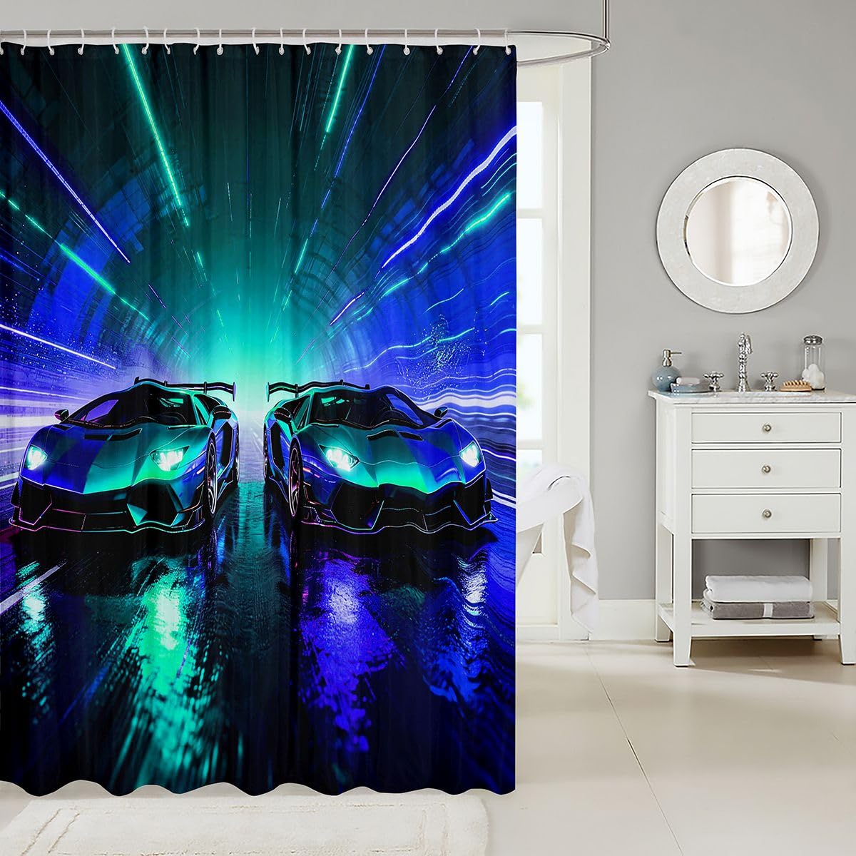 Feelyou Blue Racing Car Shower Curtain for Bathroom Decor Boys Sports Car Bath Curtain Racing Extreme Bathroom Accessories Speed Sports Waterproof Polyester Fabric for Stalls Bathtubs 72"x72"