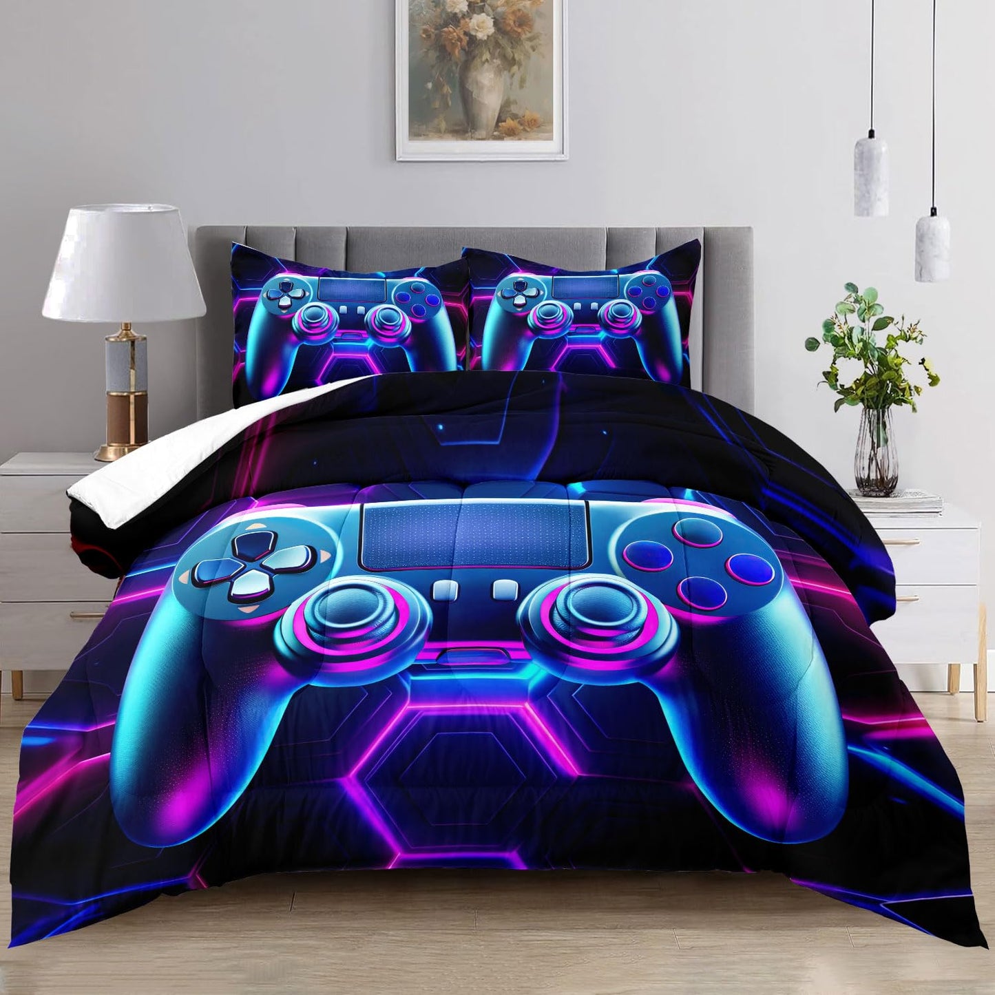 Raphus cucullatus Gaming Gamer Comforter Set for Boys Blue Gaming Quilt Gamepad Bedding Bed Set Queen Size,Video Game Decor for Boys Room