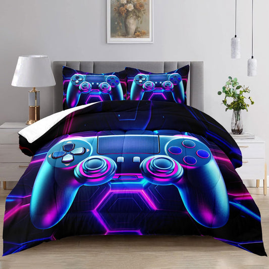 Raphus cucullatus Gaming Gamer Comforter Set for Boys Blue Gaming Quilt Gamepad Bedding Bed Set Queen Size,Video Game Decor for Boys Room