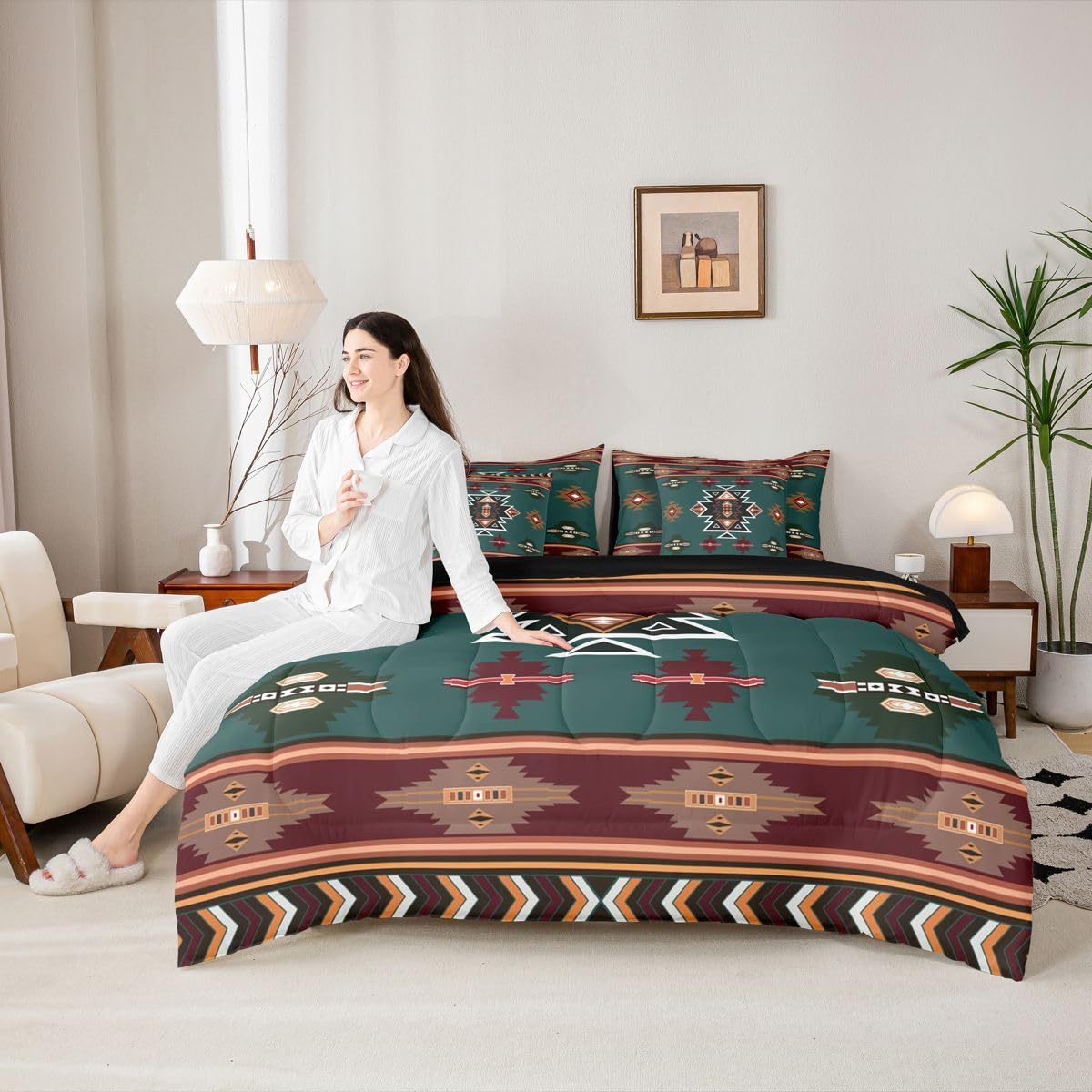 Erosebridal Western Twin Comforter Set with Sheets | Southwestern Decor Geometric 7-Piece Bedding Set Farmhouse Aztec Bed in a Bag, Stripes Diamond Triangle Bed Sets,Green