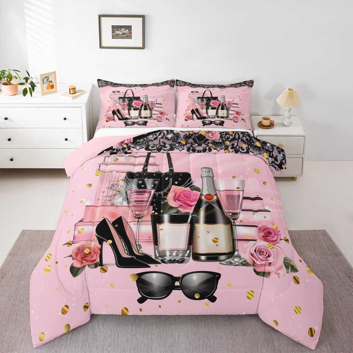 Erosebridal Fashion Women King Bedding Set Modern Pink Girly Comforter for Girls Kids Teens Magazine Book Rose Flower Down Comforter High Heel Makeup Perfume Duvet Insert