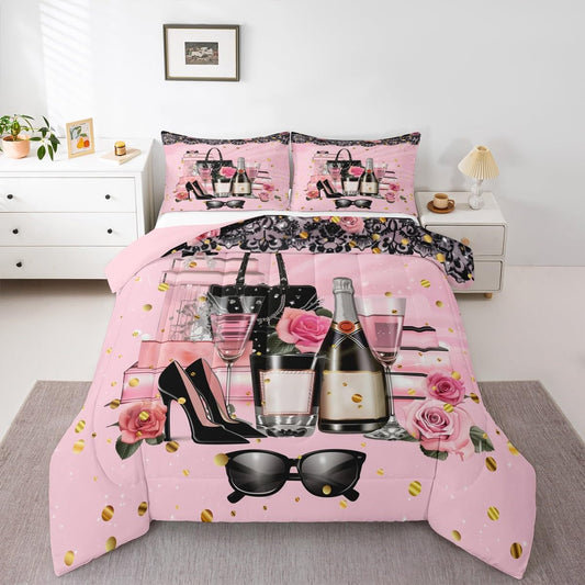 Erosebridal Fashion Women King Bedding Set Modern Pink Girly Comforter for Girls Kids Teens Magazine Book Rose Flower Down Comforter High Heel Makeup Perfume Duvet Insert