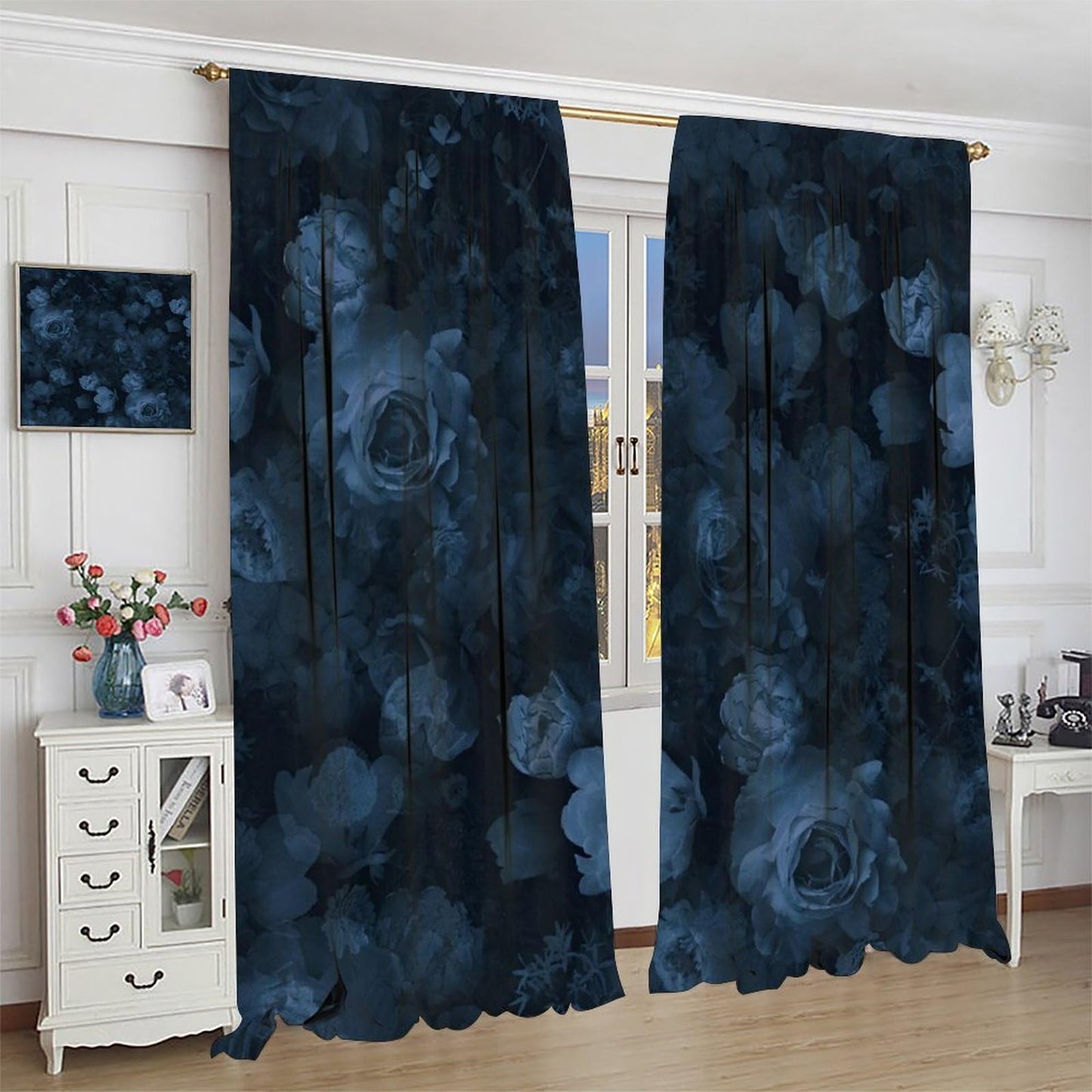Nsbul Blue Floral Curtains, Moody Flower Rose Romantic Valentine Decor Rod Pocket Window Drapes for Girls Women Bedroom Living Room,42" W X 45" L (No Blackout)