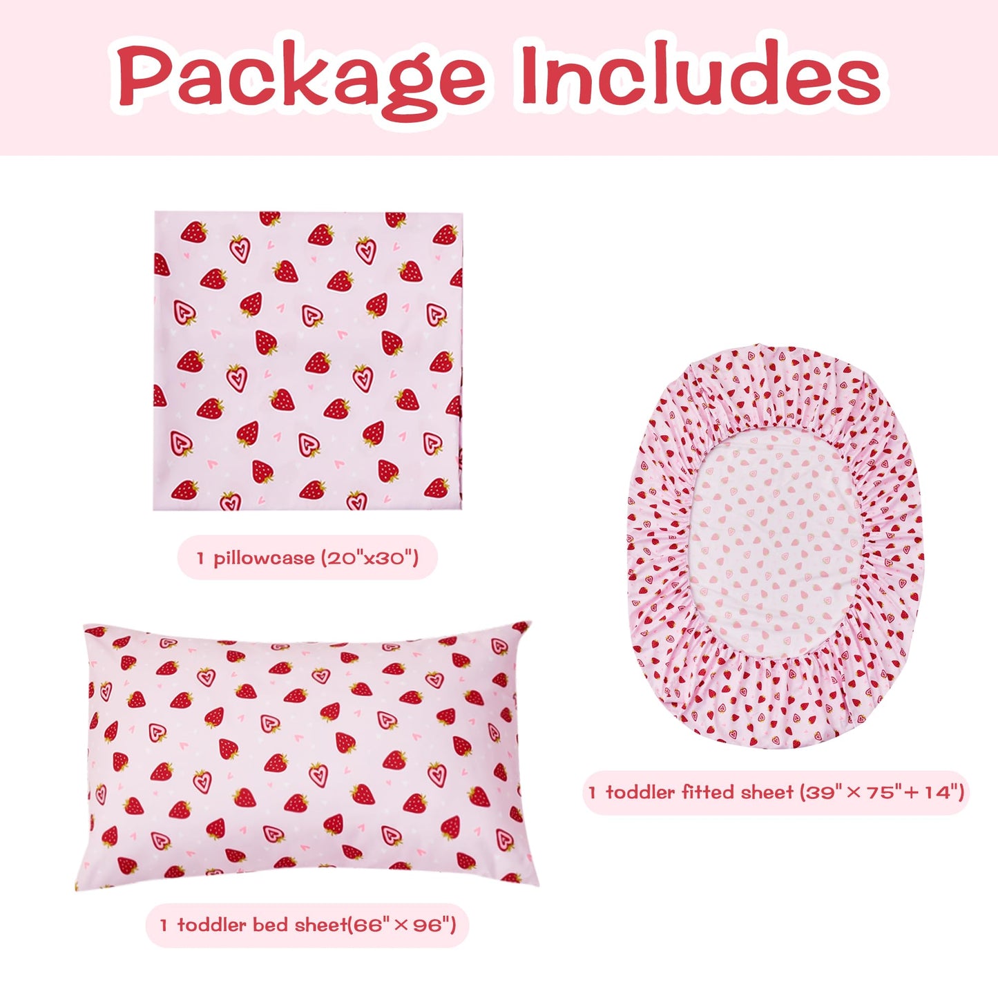 lasoftan Pink Strawberry Printed Kids Sheet Set Twin Size, 3 Pcs Breathable & Silky Soft Microfiber Kids Fitted Sheet, Bed Sheets with 15" Deep Pocket for Boys and Girls