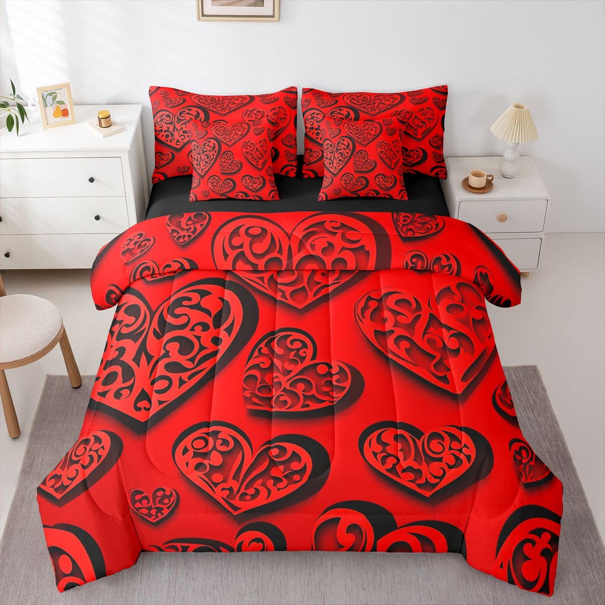 Erosebridal Red Love Heart Full Bedding Set - Valentines Day Decor Bed in A Bag,Cute Heart Comforter Sets with Sheets, Romance Couple 7 Pieces Bed Set Bedroom Decor