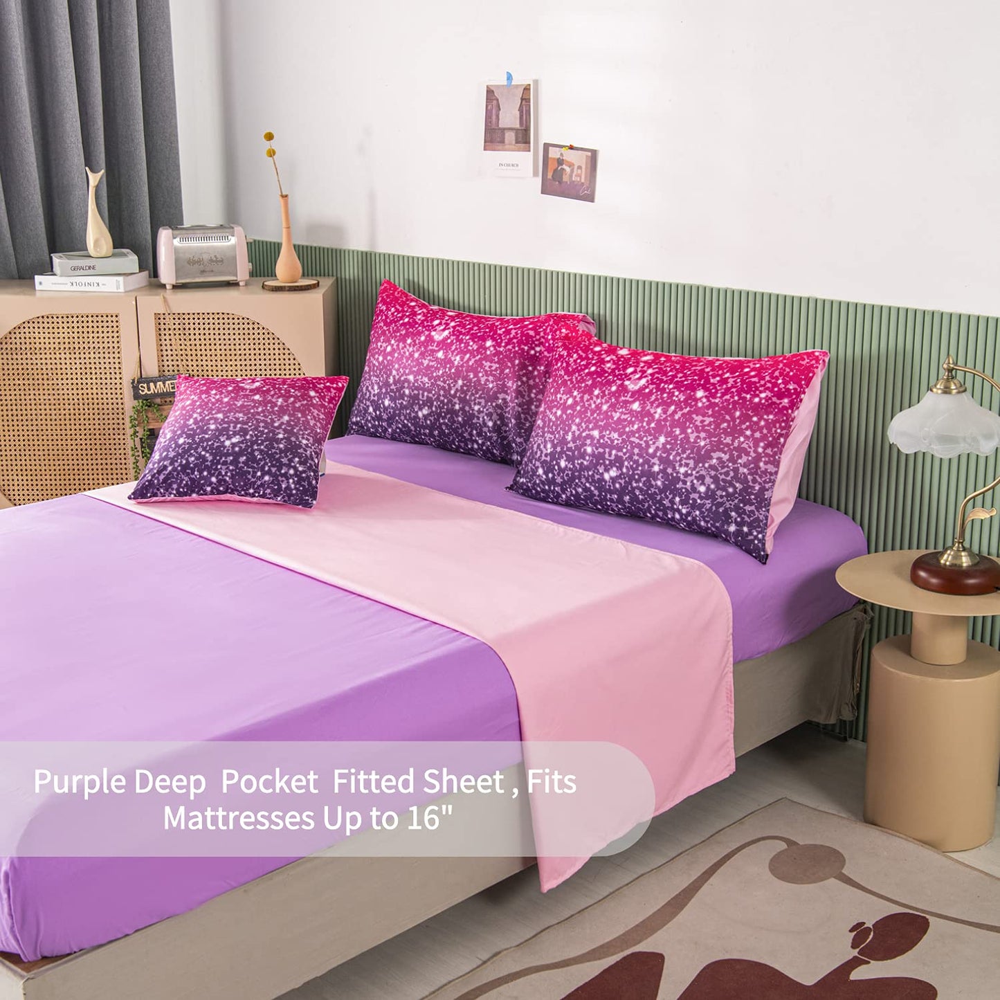 RYNGHIPY 6Pcs Twin Gradient Pink Purple Glitter Comforter Sets for Teens Girls Kids, Colorful Rainbow Glitter Themed Bedding Set