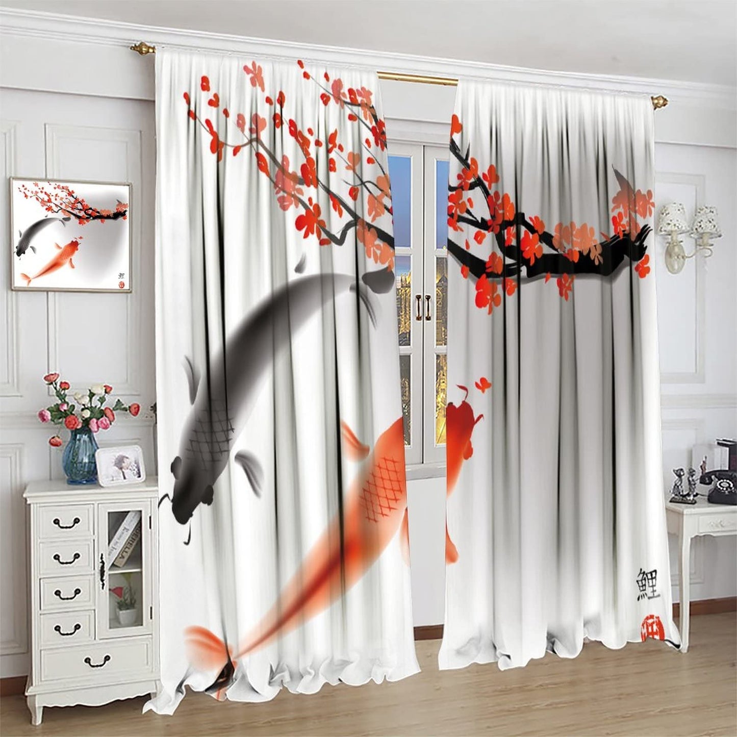 Japanese Style Curtains, Koi Fish Swimming Cherry Blossom Branch Design, Bedroom Living Room Decorative Room Noise Reduction Darkening, 2 Sets of Panels, 42x45 in. Orange Gray