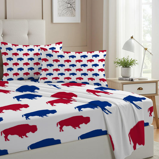 Allenjoy Full Size Red Blue Buffalo Fitted Sheet Animal Silhouette Pattern Bed Flat Sheets Bedding Set Deep Pockets Up to 16" Bedroom Decor with 2 Pillowcases
