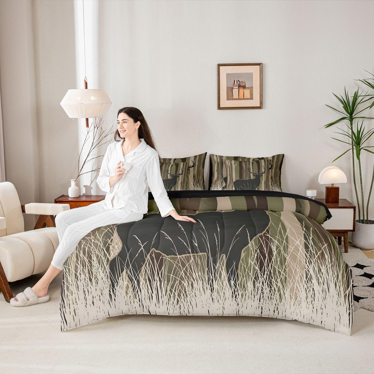 Feelyou Camouflage Deer Comforter Set Twin Size 7 Pieces Deer Hunting Bedding Set for Kids Boys Girls Camo Bed in a Bag with Comforter, Sheets, Pillowcases, Cushion Covers Wild Animal Bedroom Decor