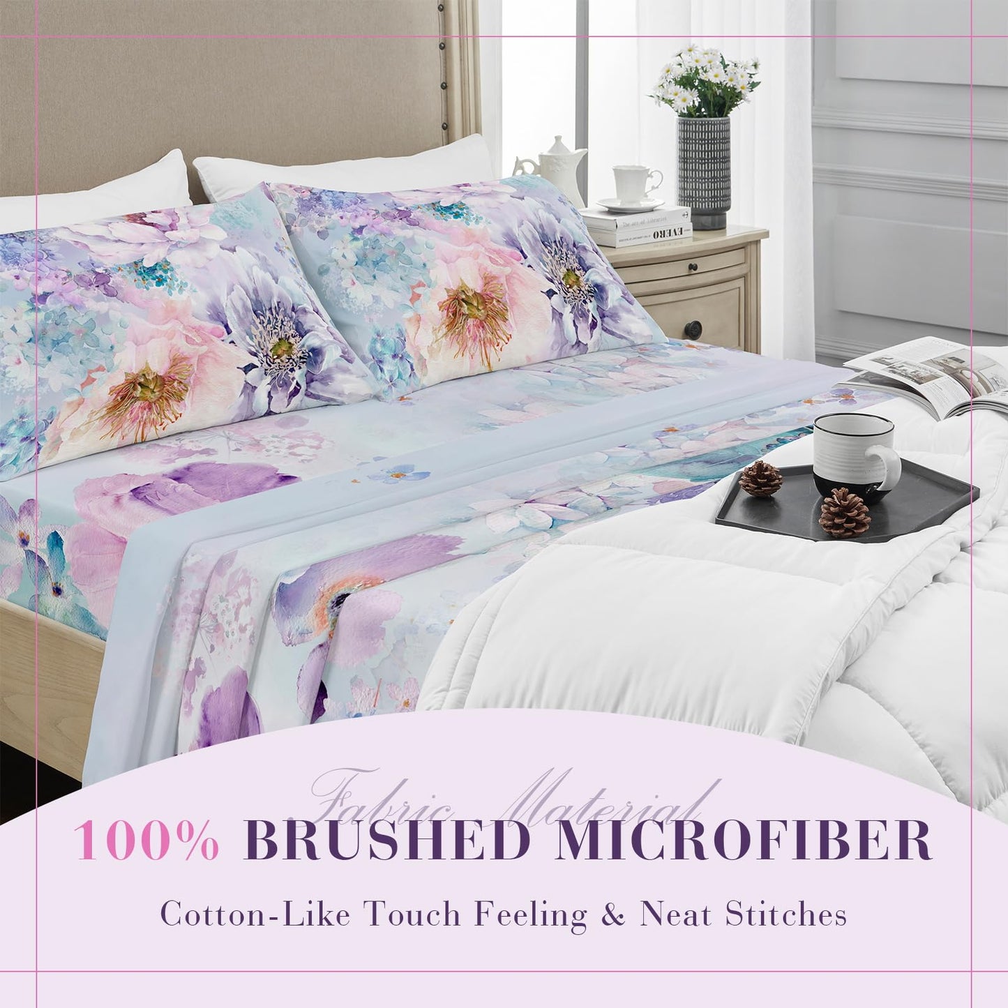 YIYEA Floral Sheets King Size, Premium Double Brushed Microfiber Bed Sheet Set for All Season, Soft Breathable, 16" Deep Pocket, Shrinkage and Fade Resistant, 4PC, King