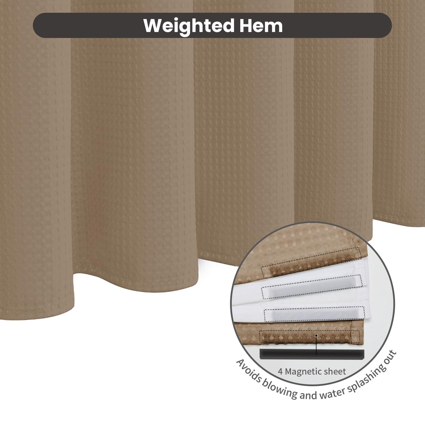 Inhousolu No Hook Shower Curtain with Removable Snap-in Liner, Waffle Weave 230 GSM Polyester, Weighted Hem, Water Repellent Washable, 72 x 84 Inch, Beige