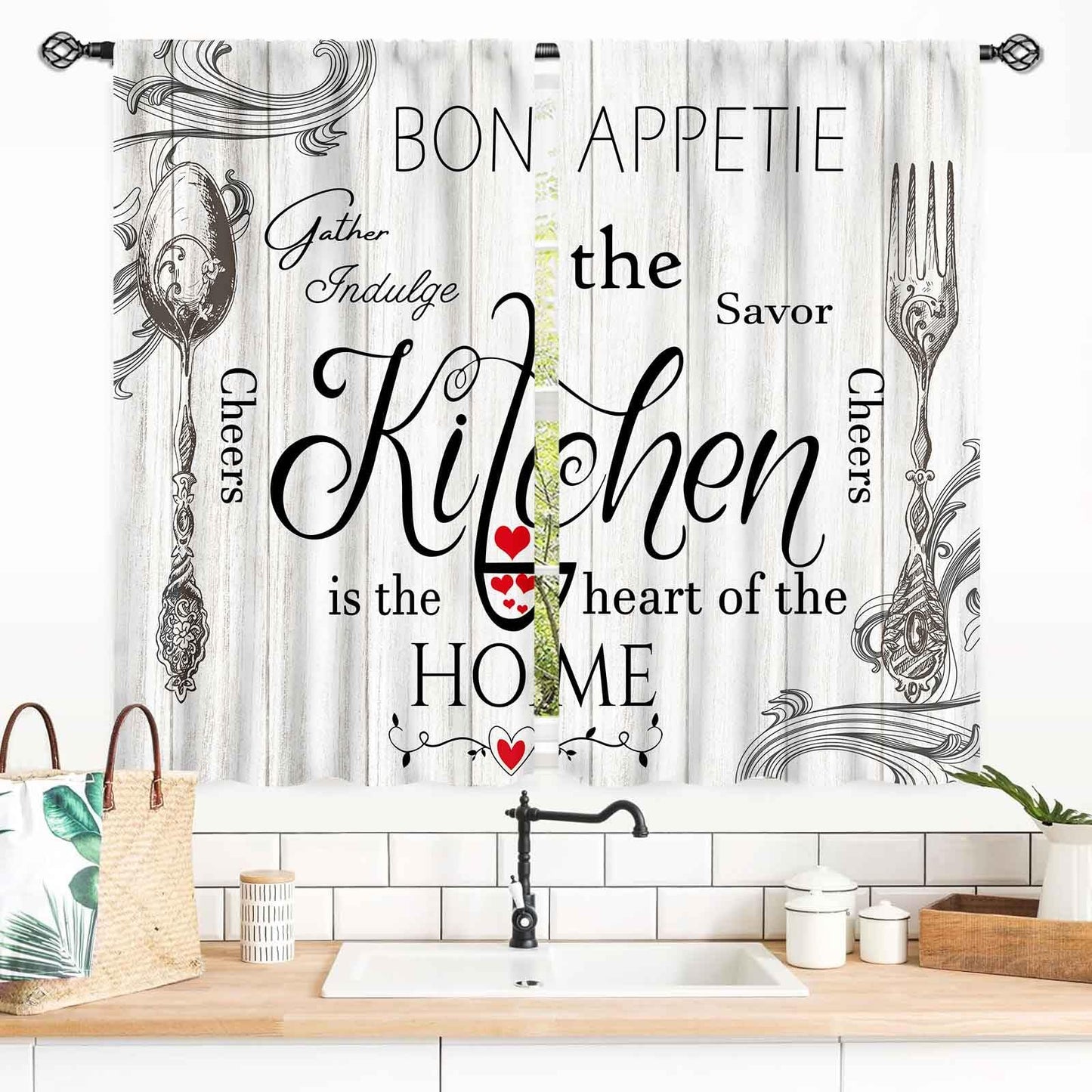 Rustic Kitchen Curtians, Fork and Spoon Woodern Plank Board Cook Theme Farmhouse Vintage Cottage Blackout Cafe Living Room Bedroom Small Short Window Curtains Drapes Treatments 2 Panel Set, 55x39 Inch