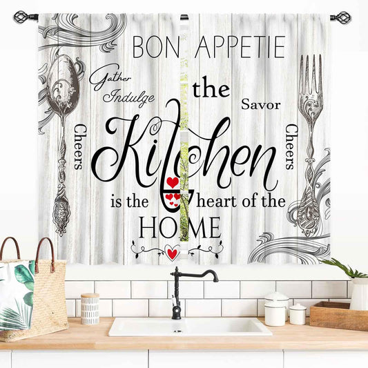 Rustic Kitchen Curtians, Fork and Spoon Woodern Plank Board Cook Theme Farmhouse Vintage Cottage Blackout Cafe Living Room Bedroom Small Short Window Curtains Drapes Treatments 2 Panel Set, 55x39 Inch