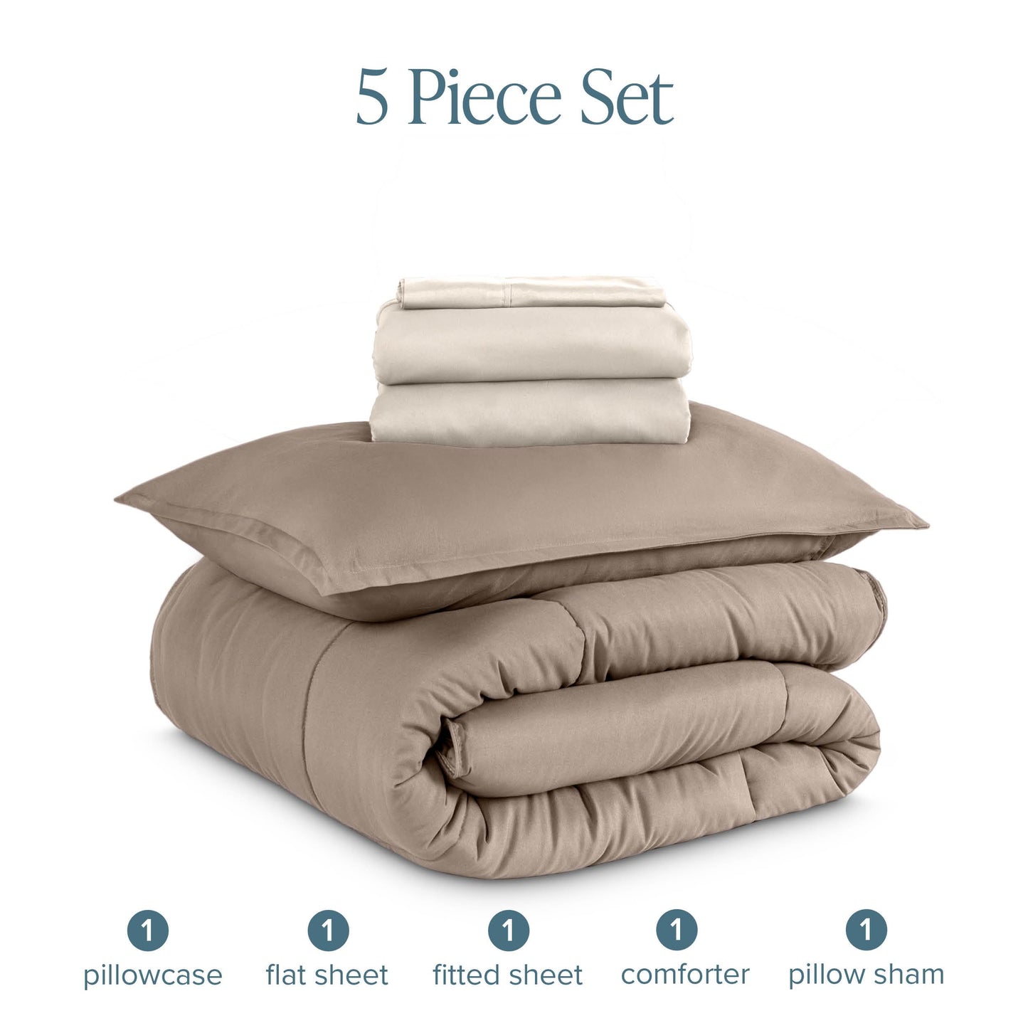 Bare Home Bed-in-A-Bag 5 Piece Comforter & Sheet Set - Twin XL - Goose Down Alternative - Ultra-Soft 1800 Premium Bed Set (Twin XL, Taupe/Sand)