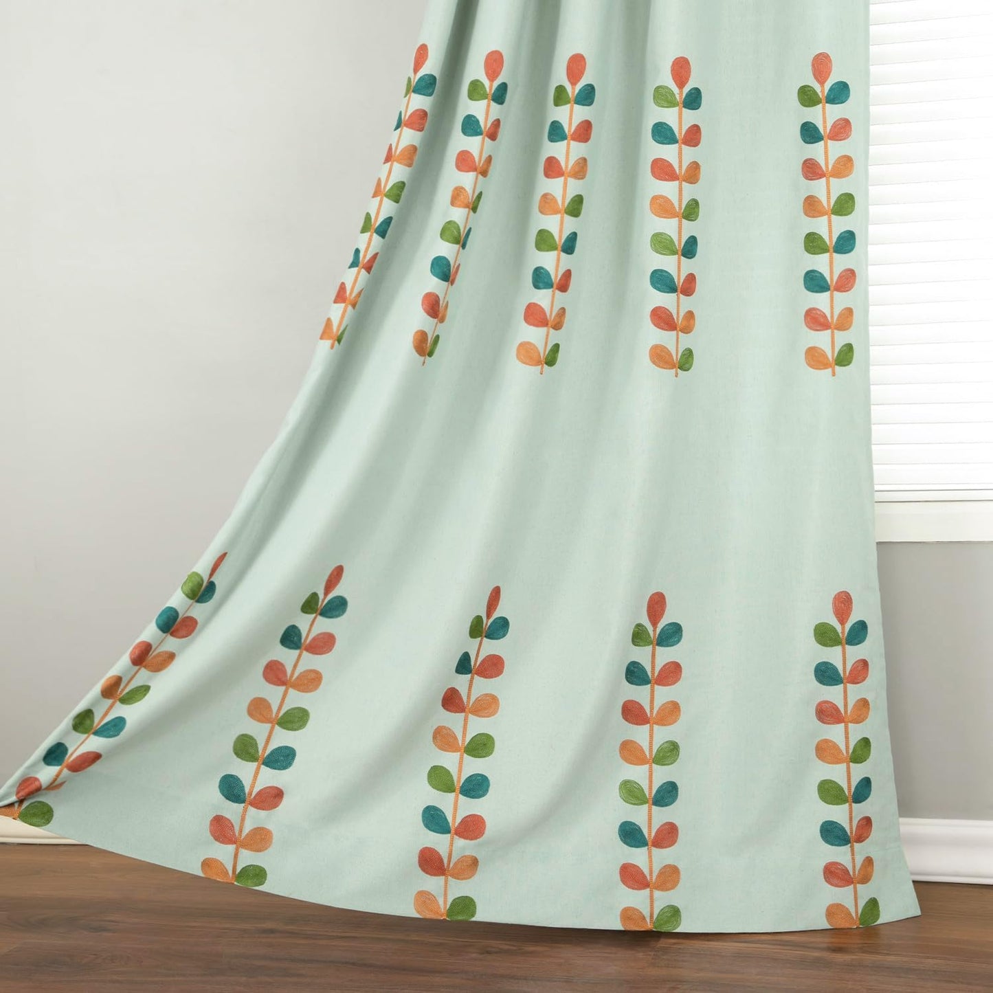 VOGOL Linen Curtains 96 Inches Long, Colorful Leaves Embroidered Grommet Drapes and Curtain Panels for Living Room/Bedroom, 52 X 96, 2 Pieces