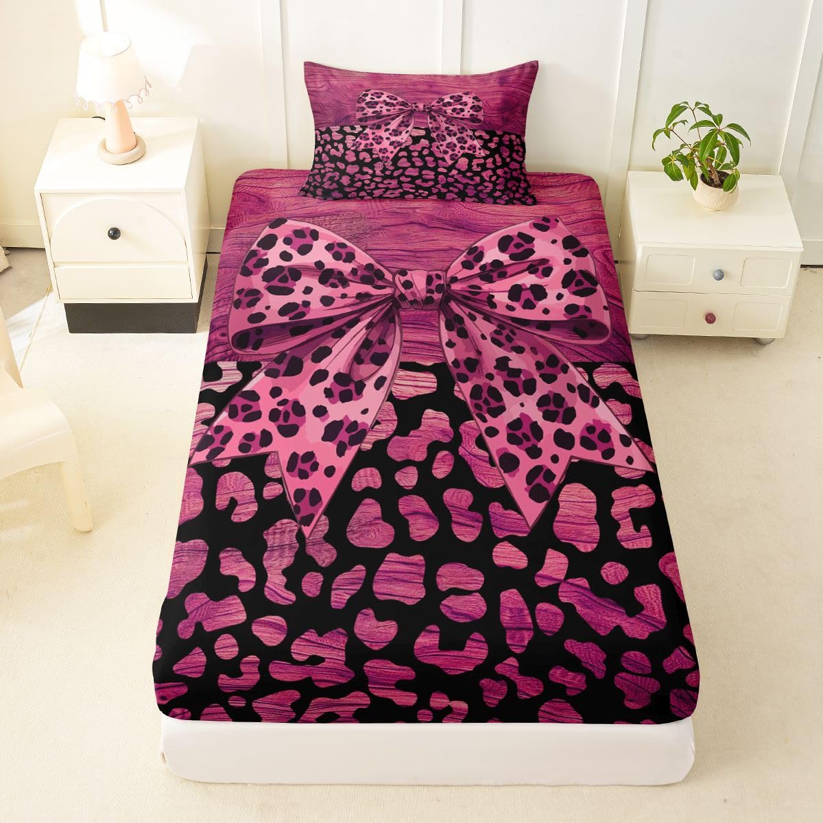 jejeloiu Pink Leopard Bow Fitted Sheet with 1 Pillowcase Twin Size Leopard Print Bowknot Bed Sheets Set 16" Deep Pocket Boys Girls Abstract Bedding Teens Bedroom Decor Breathable