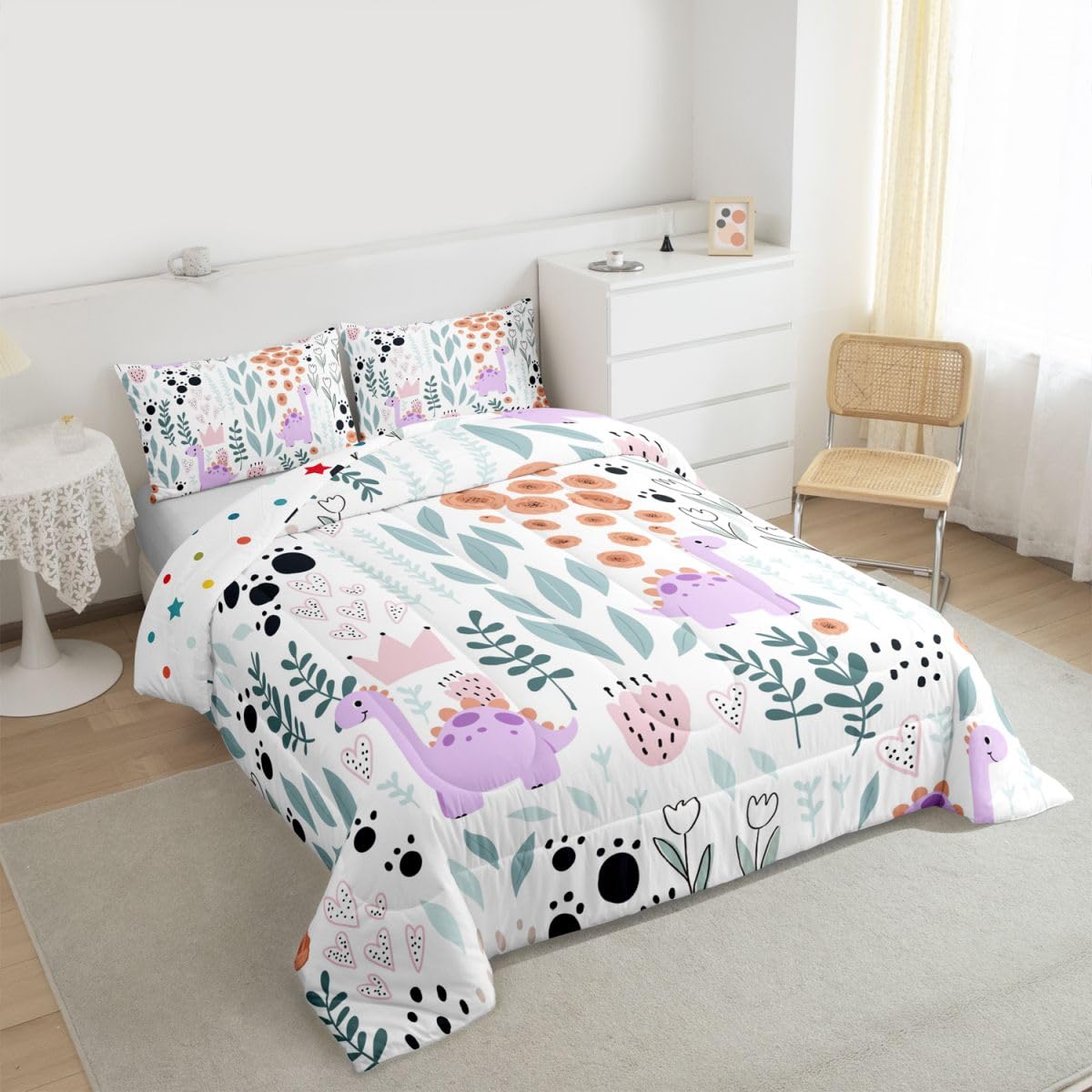 Erosebridal Kawaii Dinosaur Bedding Set Twin,Cartoon Purple Dino Comforter Set for Kids Girls Boys,Cute Love Heart Leaf Flower Comforter Set,Paw Print Wild Animals Quilt Bed Set with 1 Pillow Case
