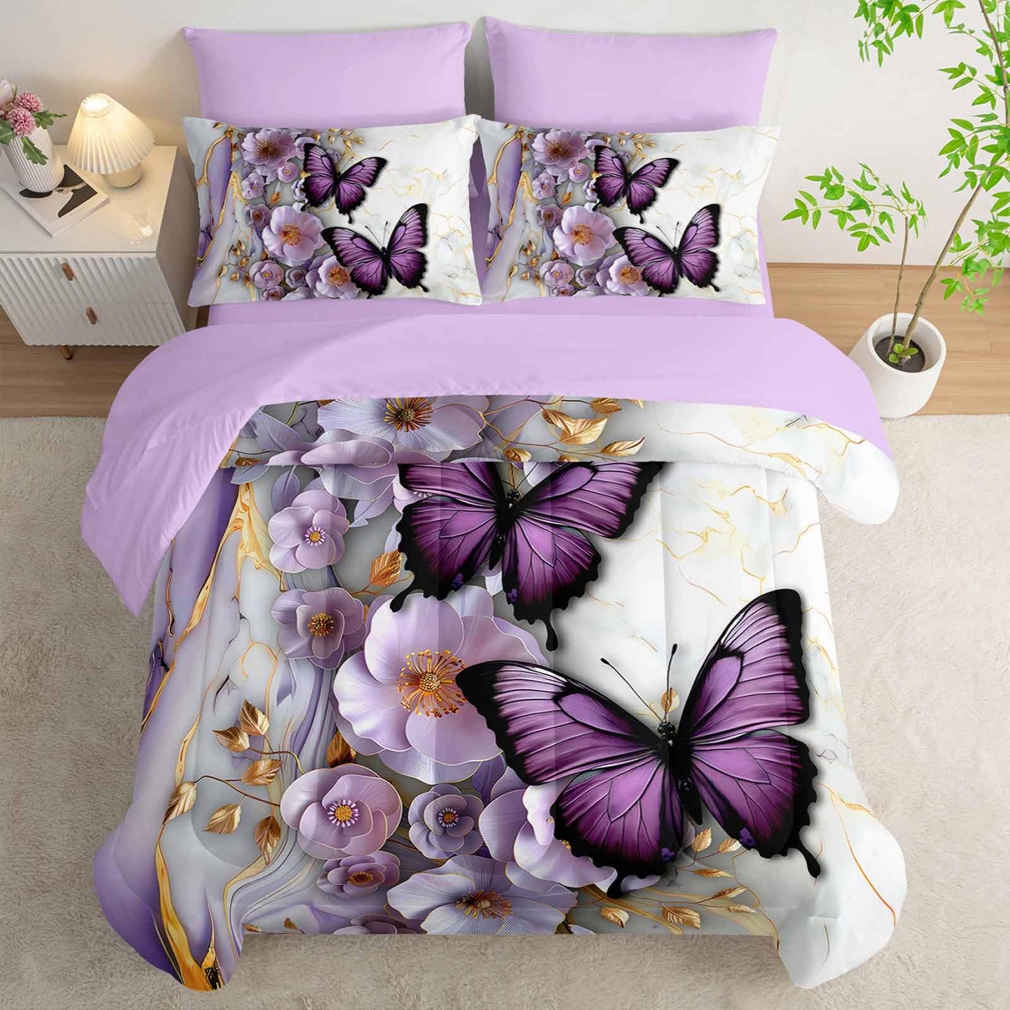 AILONEN Butterfly Girls Comforter Set Printed Full Size 7Pcs Purple Floral Bed in a Bag,Gold White Marble Flower Comforter + Fitted/Flat Sheet + 2 Pillowcases + 2 Pillow Shams for Kids Women