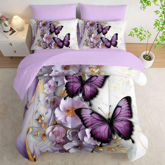 AILONEN Butterfly Girls Comforter Set Printed Full Size 7Pcs Purple Floral Bed in a Bag,Gold White Marble Flower Comforter + Fitted/Flat Sheet + 2 Pillowcases + 2 Pillow Shams for Kids Women