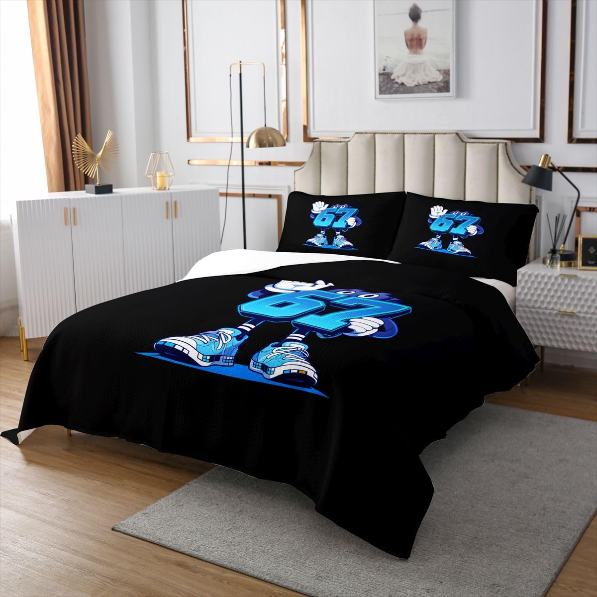 jejeloiu 6 7 Bedspread Quilts Six Seven 6 7 Coverlet Set King Size for Kids Boys Girls Cute Quilted Coverlet for All Season with 2 Pillowcases Six Seven Microfiber Black and Blue