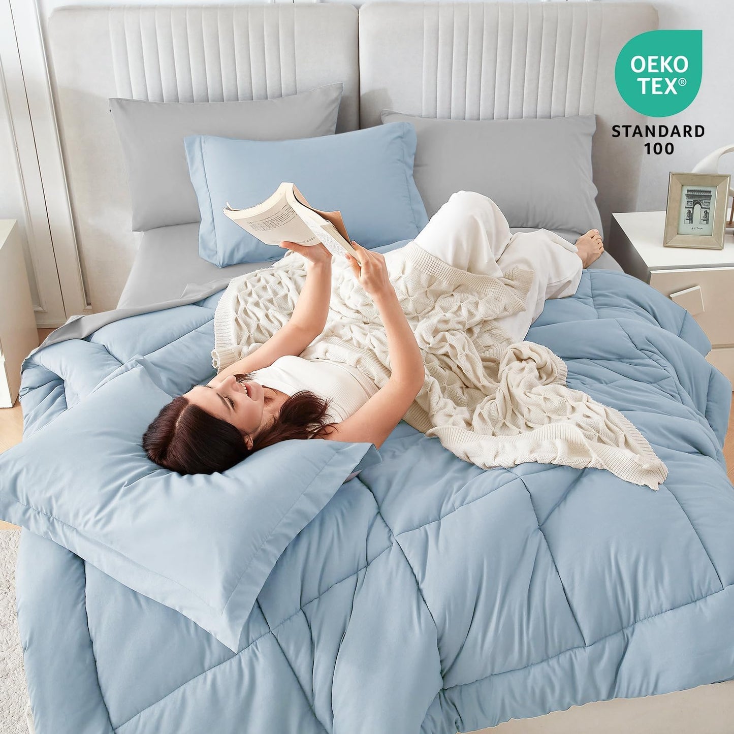 Sasttie Queen Comforter Set, 7 Pieces Bed in a Bag Queen, Complete Bedding Set Includes Comforter, Flat Sheet, Fitted Sheet, Pillowcases and Pillow Shams, Blue & Light Grey
