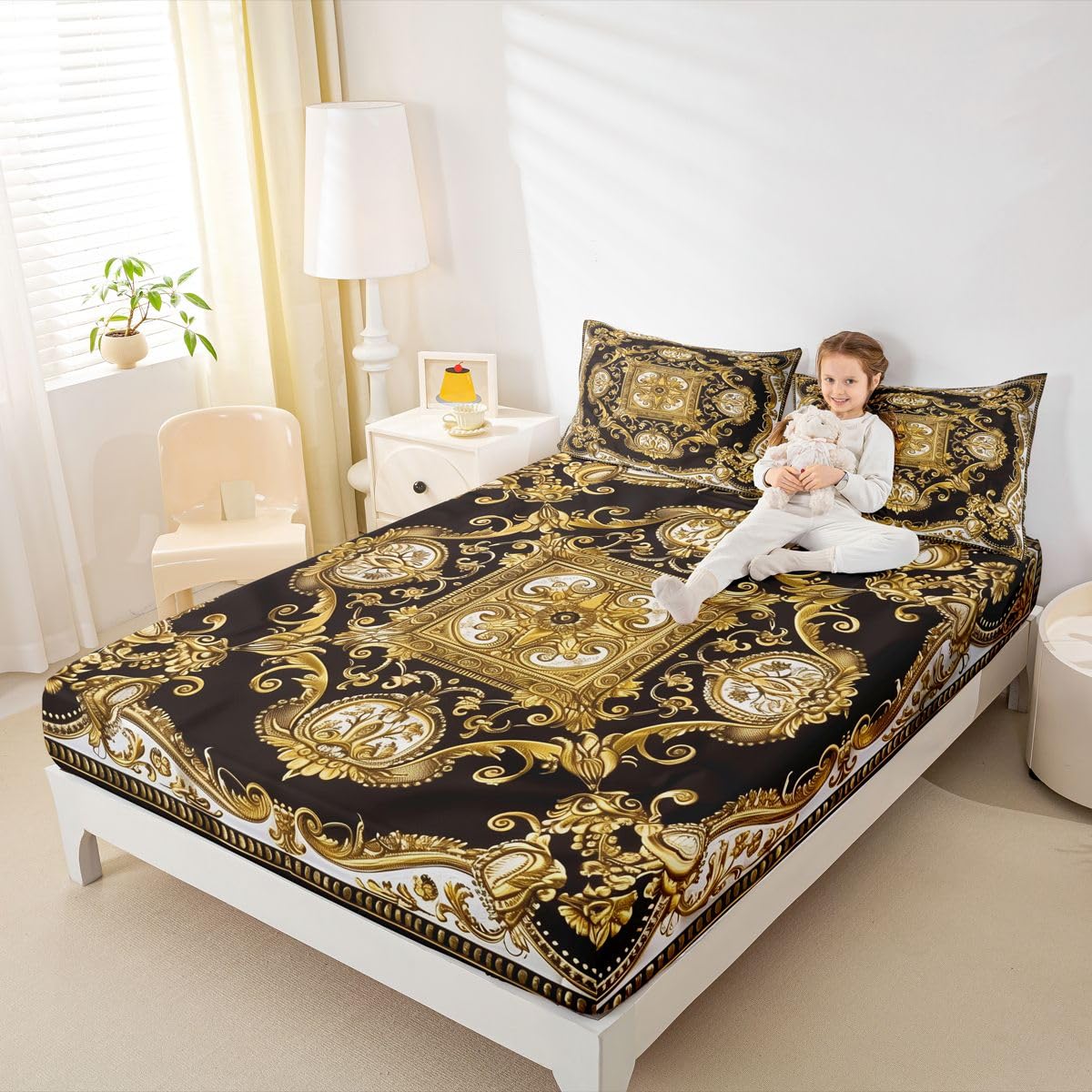 Erosebridal Golden Yellow Bed Sheets Set Full Geometric Flowers Sheet Set Bohemian Exotic Sheets European Floral Print Flat Fitted Sheet