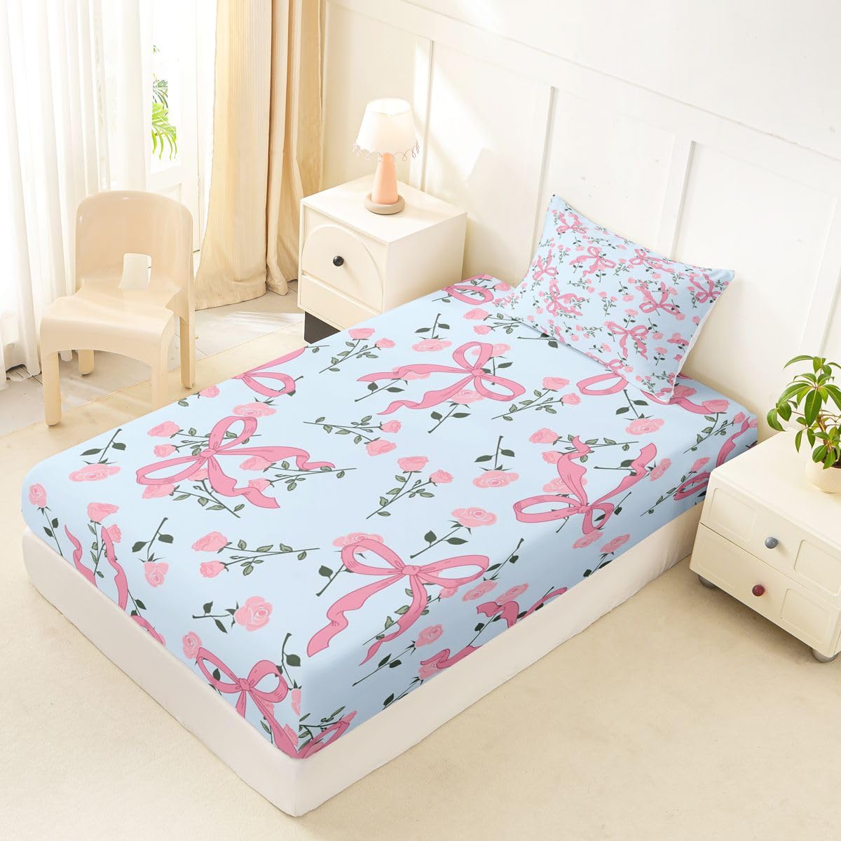 jejeloiu Blue Floral Bowknot Fitted Sheet Twin Size for Kids Boys Girls Romantic Princess Style Bowknot Bed Sheets Set 16" Deep Pocket Cute Coquette Bow Bedding with 1 Pillowcase Room Decor