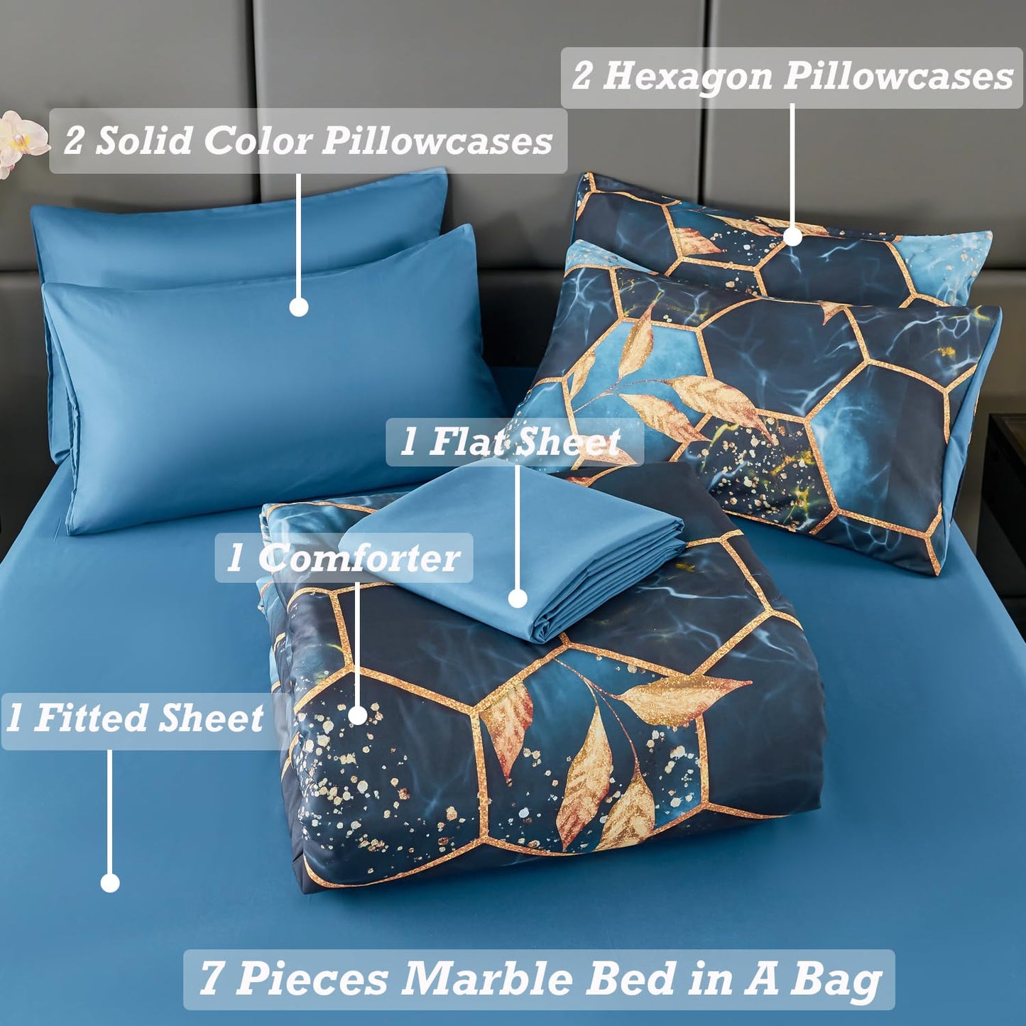 ANGIYUIN 7 Pieces Blue Gold Bed in A Bag Full Geometric Hexagon Theme Bedding Sets Gold Trim Comforter Set, Luxury Steel Blue Gold Foil Print Bed Sets with Pillowcases Sheets (Blue Full)