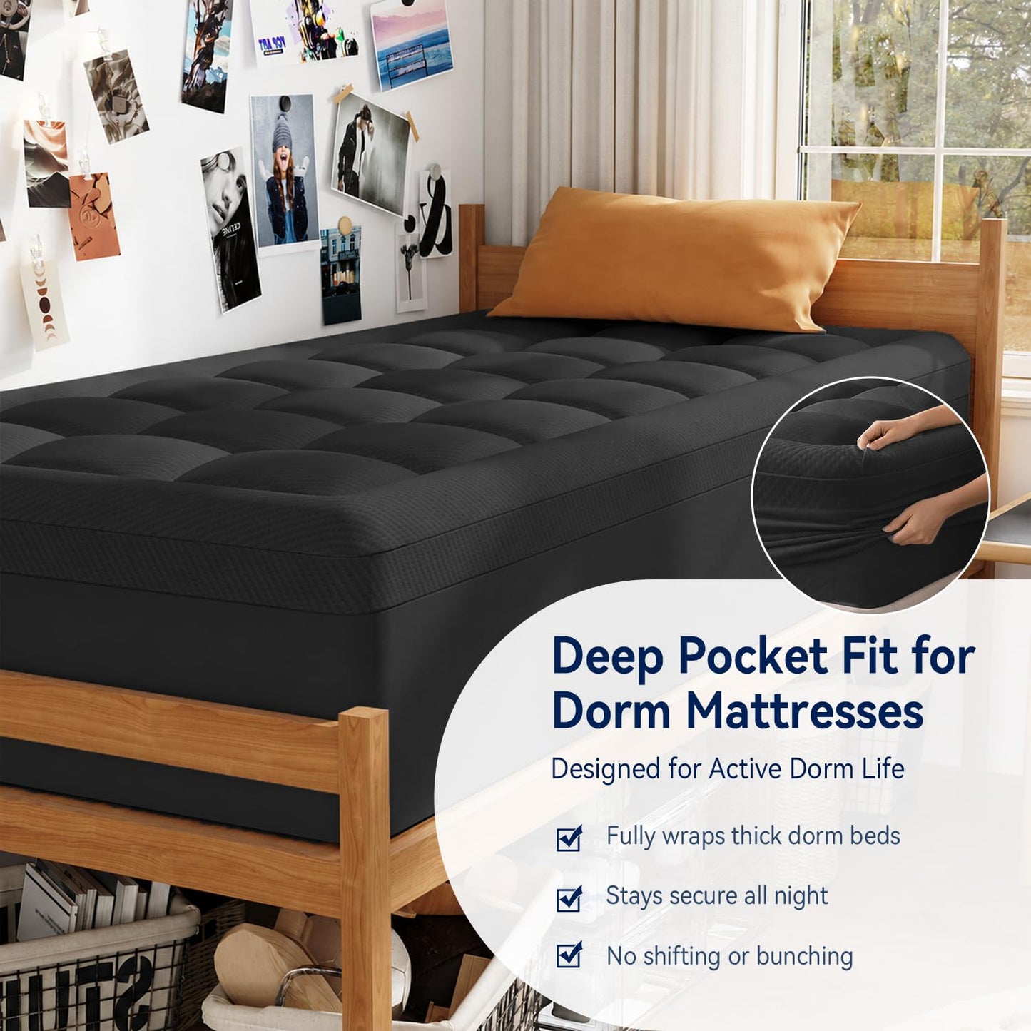 ELEMUSE 3 Inch Dual Layer Memory Foam Mattress Topper Twin XL, Dorm Room 2 Inch Cooling Gel Memory Foam Plus 1 Inch Down Alternative Pillowtop Mattress Pad,College Essential, Comfort Support, Black