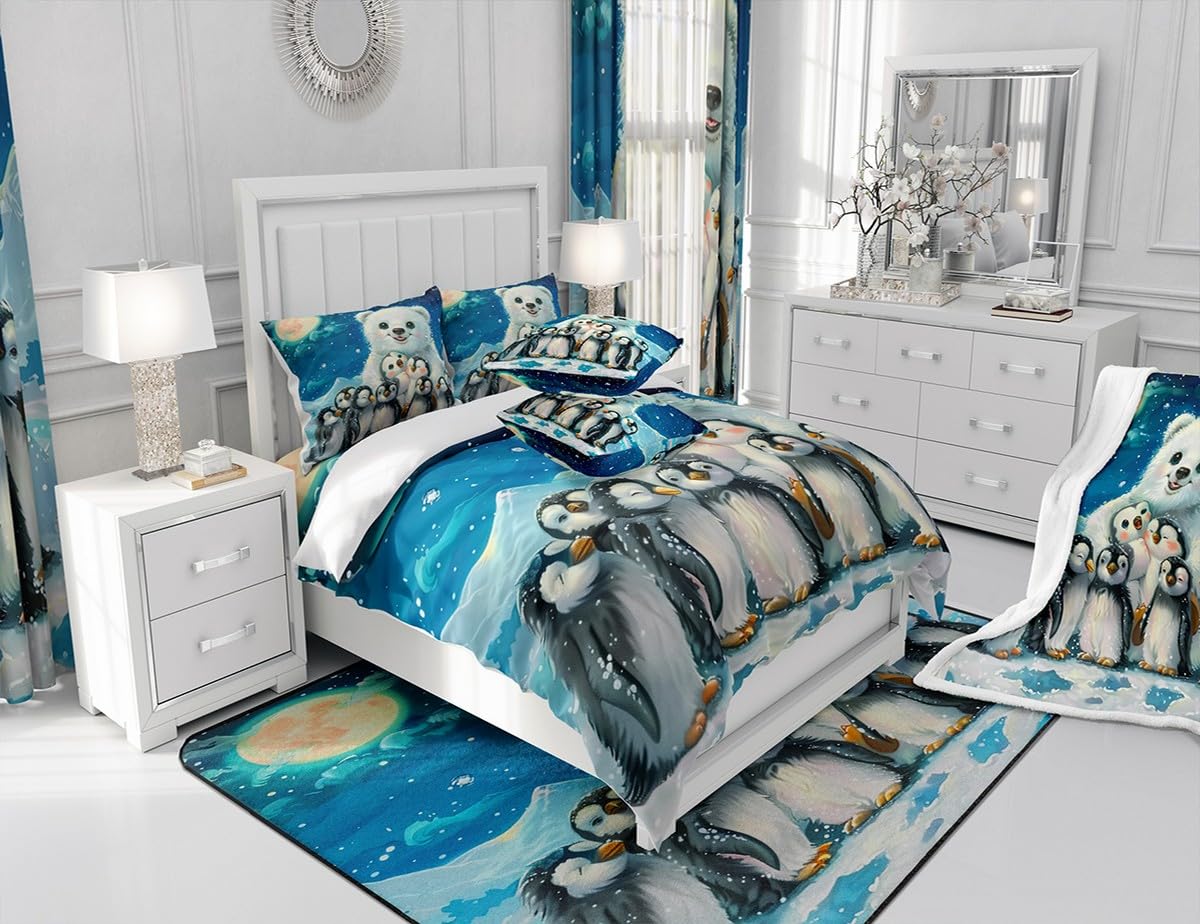 Polar Bear Penguin Comforter Set Queen Size,Galaxy Cartoon Wildlife Bedding Set,Kids Boys Girls Room Decor,Cute White Bear Quilt Set Winter Snowy Wild Animals Theme Blue Duvet Insert,2 Pillowcases