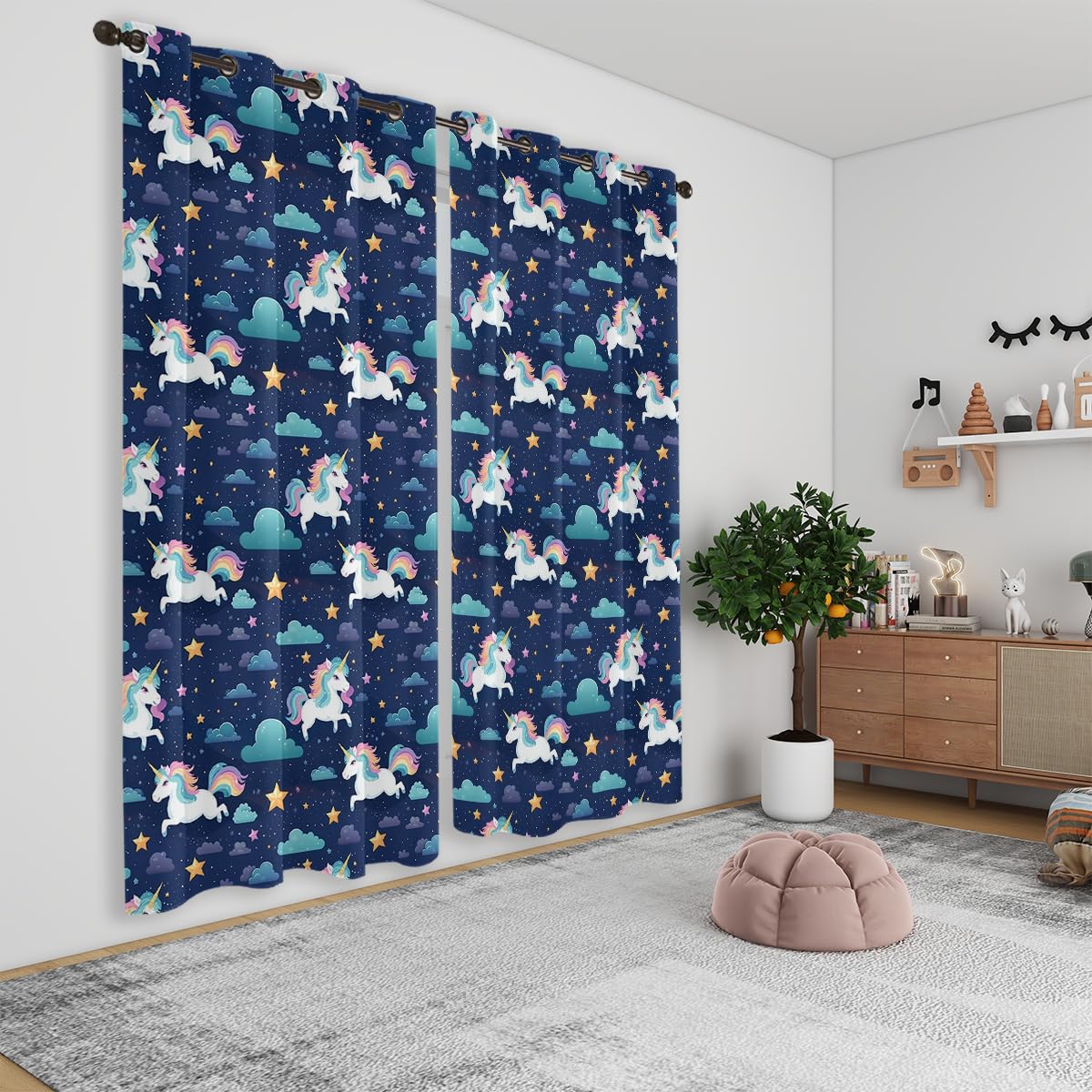Cute Unicorn Blackout Curtains for Girls Boys Kids Home Decor, Fantasy Cartoon Unicorn Stars Clouds Grommet Thermal Insulated Drapes Darkening Window Curtain for Bedroom Living Room, 42 x 45 Inch