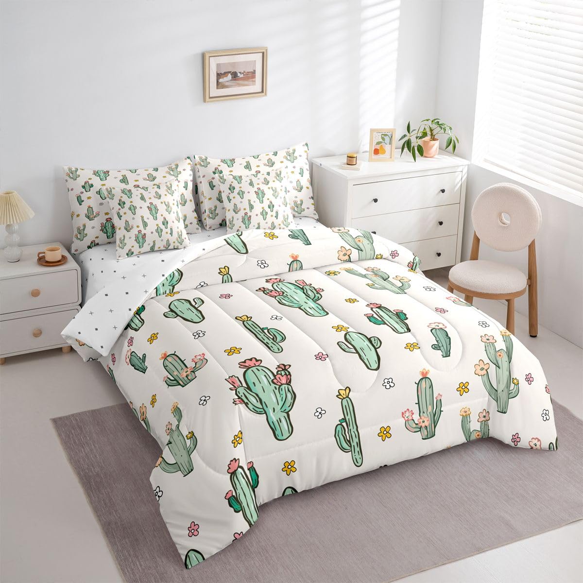 Erosebridal Cactus 7 Piece Bedding Set Queen Western Comforter Set with Sheets Cute Cartoon Flowers Desert Plant Bed in a Bag Retro Red Floral Green Botanic for Kids Boys Girls