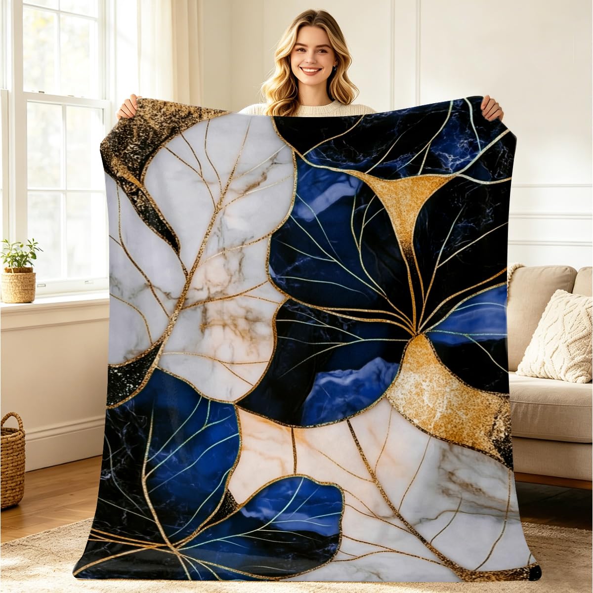 HUNXIAOJ Tropical Blankets and Throws Tropical Plant Blanket for Couch Bed Room Home Decor Tropic Leaf Throws Blue Gold Botanical Decor Flannel Gifts for Women Adults Kids 49"x59"