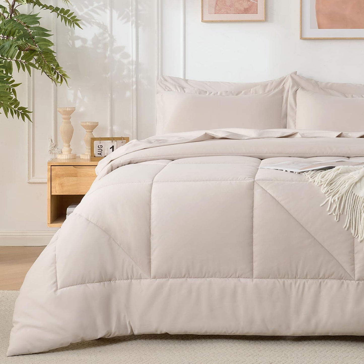 Baskbed 7 Pieces Queen Comforter Set - Utral Soft Microfiber Bedding Set, Thick Duvet Insert Bed in a Bag Without Rustling Noise for All Season, Beige (88"x88")