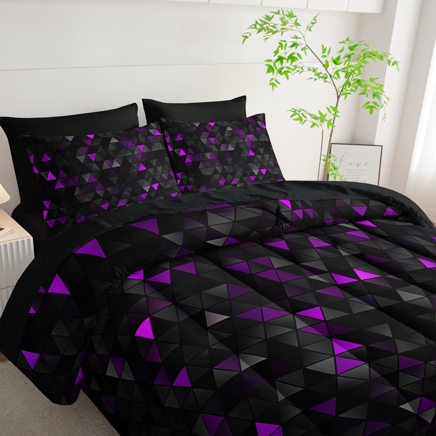 Nttopship Geometric Violet Black Triangle King Size Comforter Set,Light Honeycomb Bedding Set 7 Piece in A Bag,Bed Sheet Set Geometry Decor,Microfiber Lightweight All Season