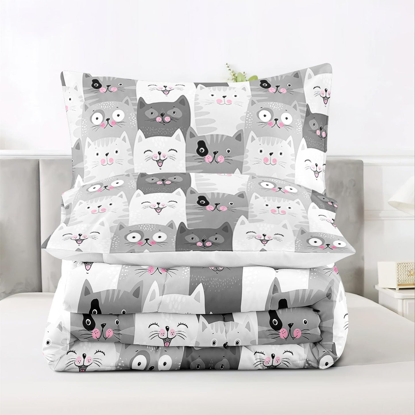 Raphus cucullatus Girls Twin Comforter Set Cat,Kawaii Cat Twin Bedding Sets for Girls,Cute Comforter Sets Twin Size Bed,Kids Animal Print Bedding Set,Girl Grey Bedding 3 Piece Twin Bed Set