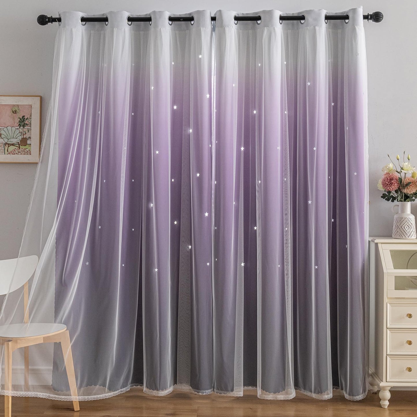 indistar Colourful Stripe Star Cut-Out Blackout Curtains for Bedroom,2 Layers Mix Design of Fabric & Tulle,Pretty Window Curtain for Kids Room 1 Panel (W52 x L72 Dark Purple)