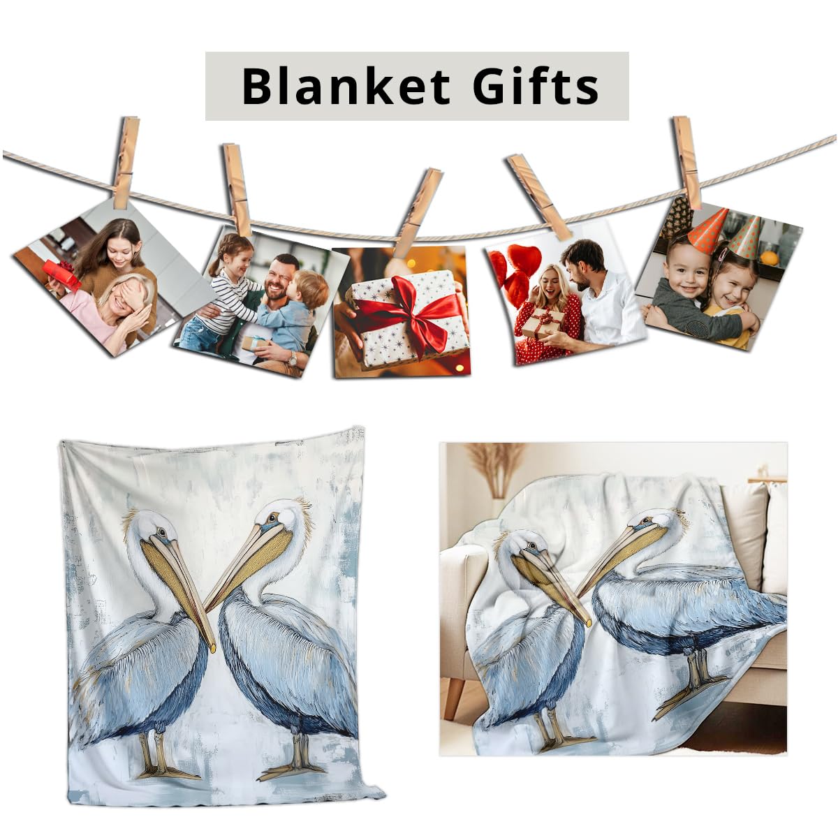 HUNXIAOJ Pelican Throw Blanket for Couch Bed Coastal Bird Print Flannel Blanket Soft Warm Beach Themed Animal Throw for Bedroom Home Decor Pelican Gifts (49"x59")