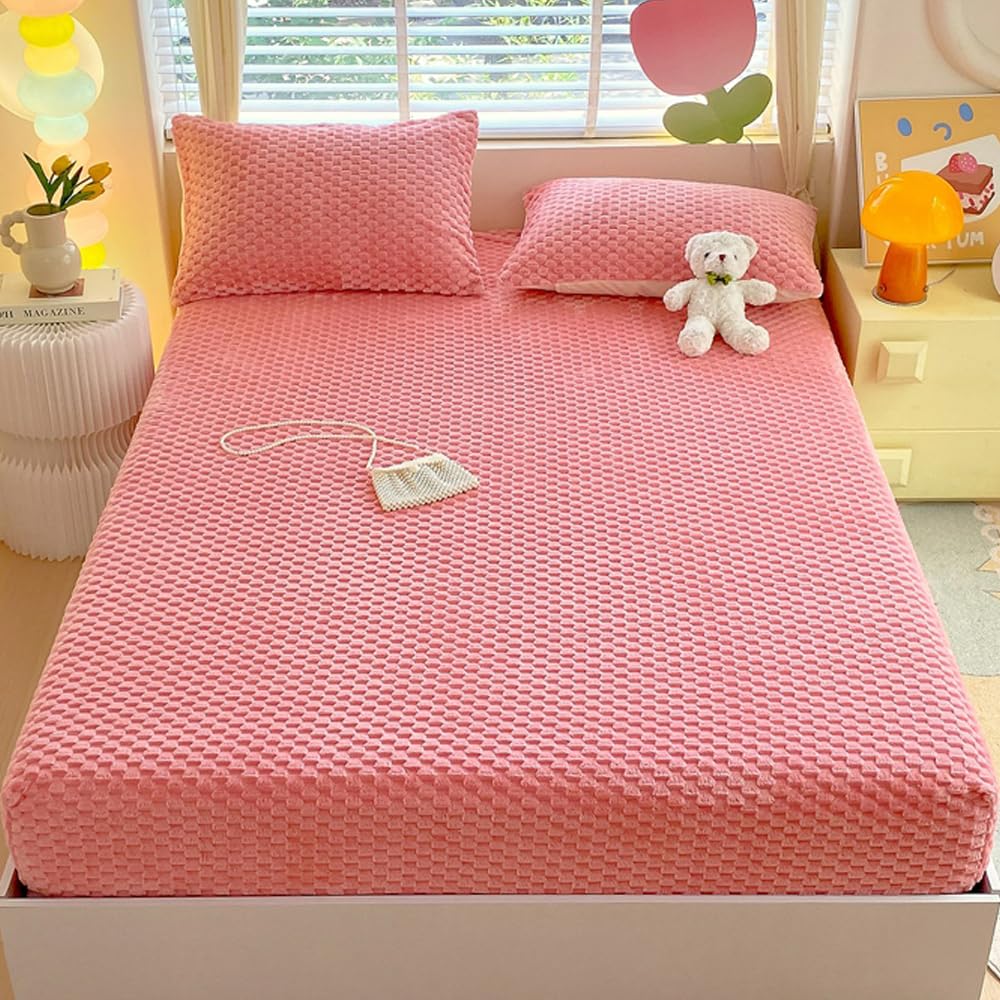 ZIQINPSQ Cozy Fleece Fitted Sheet Full Size - Ultra Soft Fuzzy Bed Sheets for Winter, Deep Pocket 15'' Velvet Plush Bottom Sheet Only (Anti-Static & Warm), Orange Pink