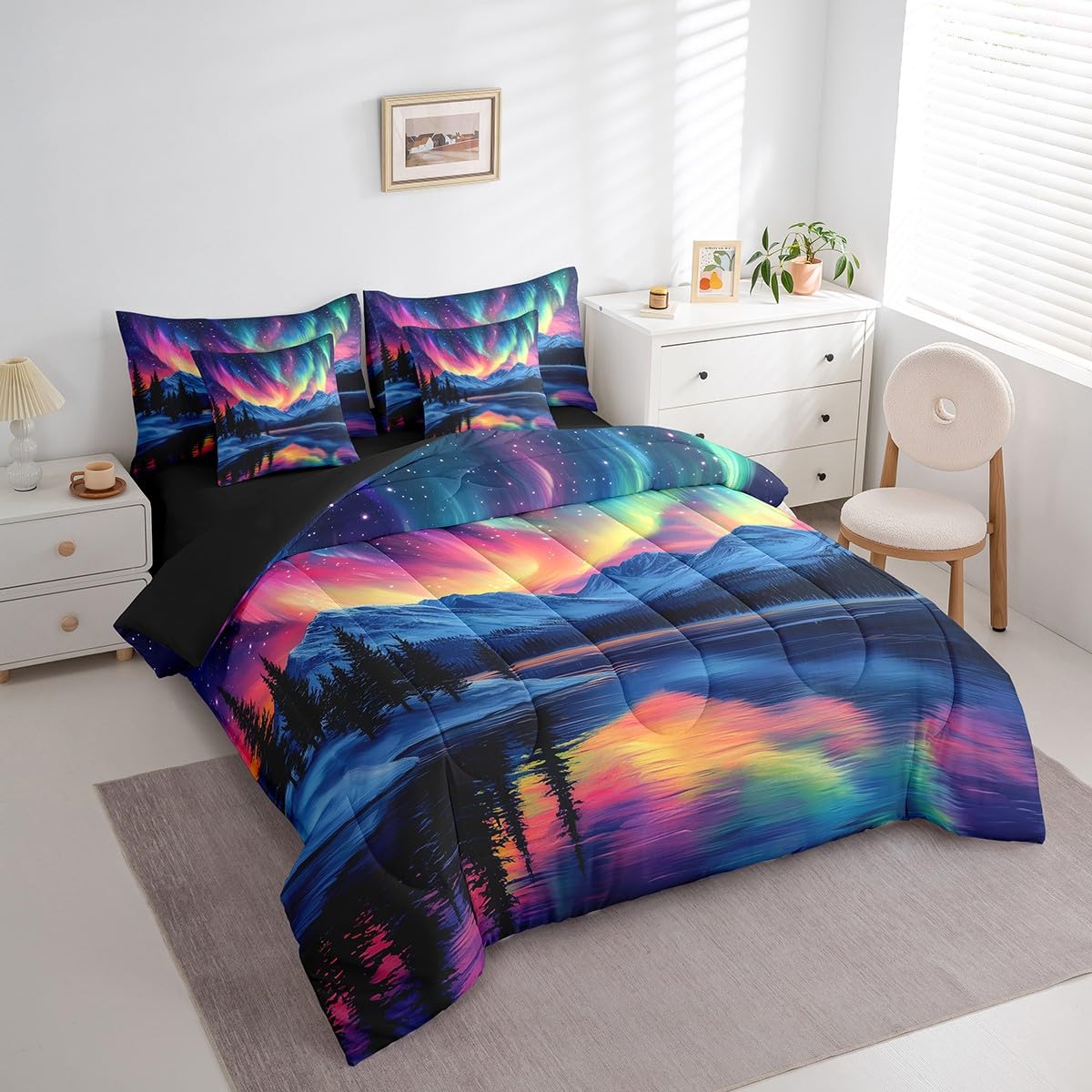 jejeloiu Mountain Lake Comforter Set with Sheets Twin Size Kids Aurora Starry Night Sky 7 Pieces Bedding Set for Boys Girls Teens Nature Landscape Bed in a Bag Breathable Galaxy Bed Set Room Decor