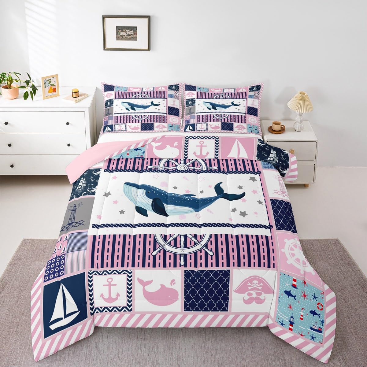 Homewish Nautical Comforter Set Queen Size,Whale Stars Anchor Lighthouse Bedding Set for Women Adult,Pink Grid Stripes Geometric Luxury Bed Duvet Insert, 2 Pillowcases