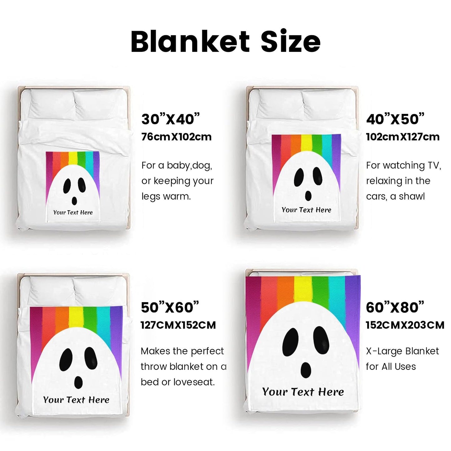 CUSFOU Halloween Throw Blanket, Ghost Rainbow, Customizable Blanket with Name, Personalized Flannel Blanket for Couch Sofa, 50 x 60 Inches
