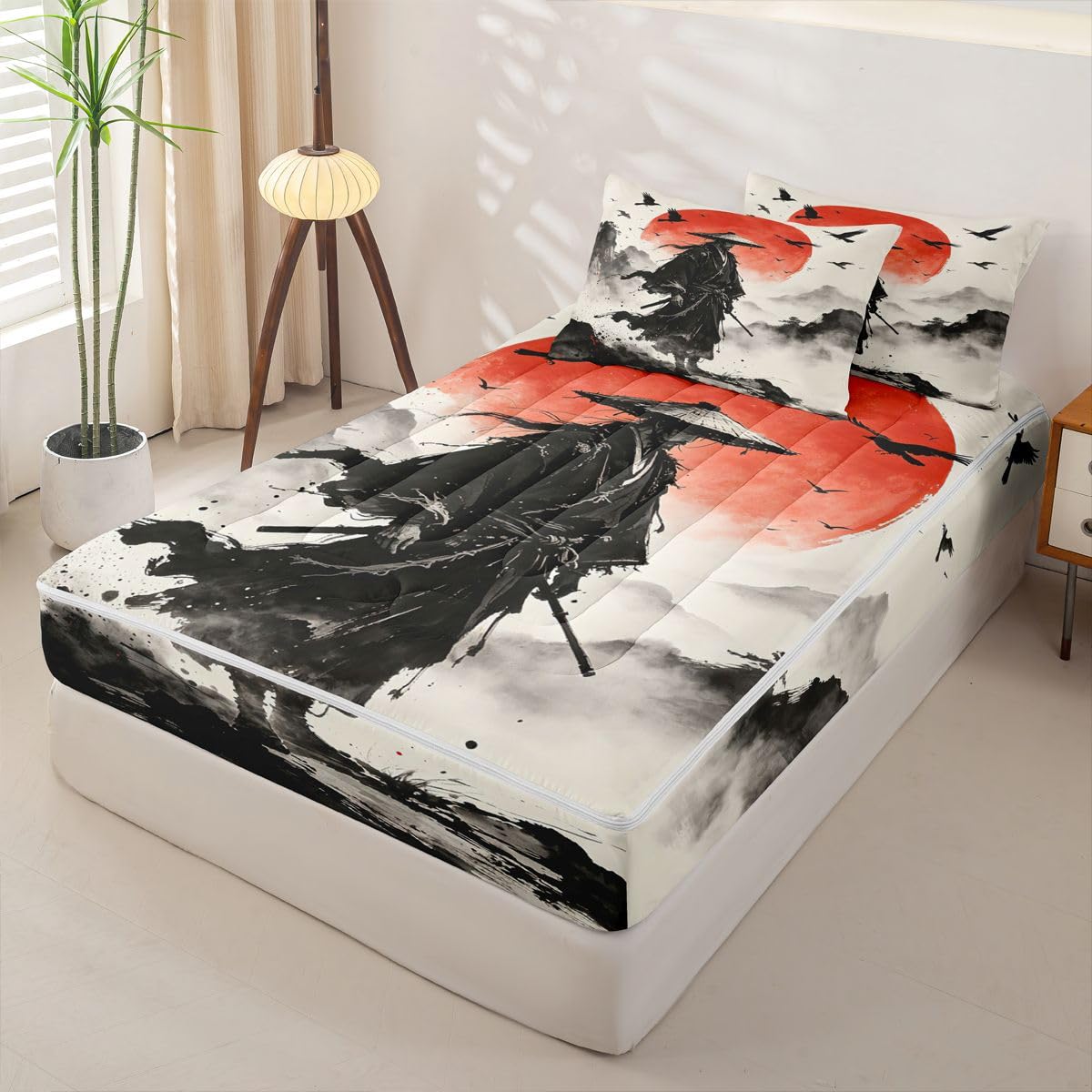 Feelyou Japanese Anime Zipper Bedding Full Samurai Zipper Bedding Sets for Kids Boys Girls Black Red Comforter Set with Fitted Sheet and 2 Pillowcases Bedroom Decor
